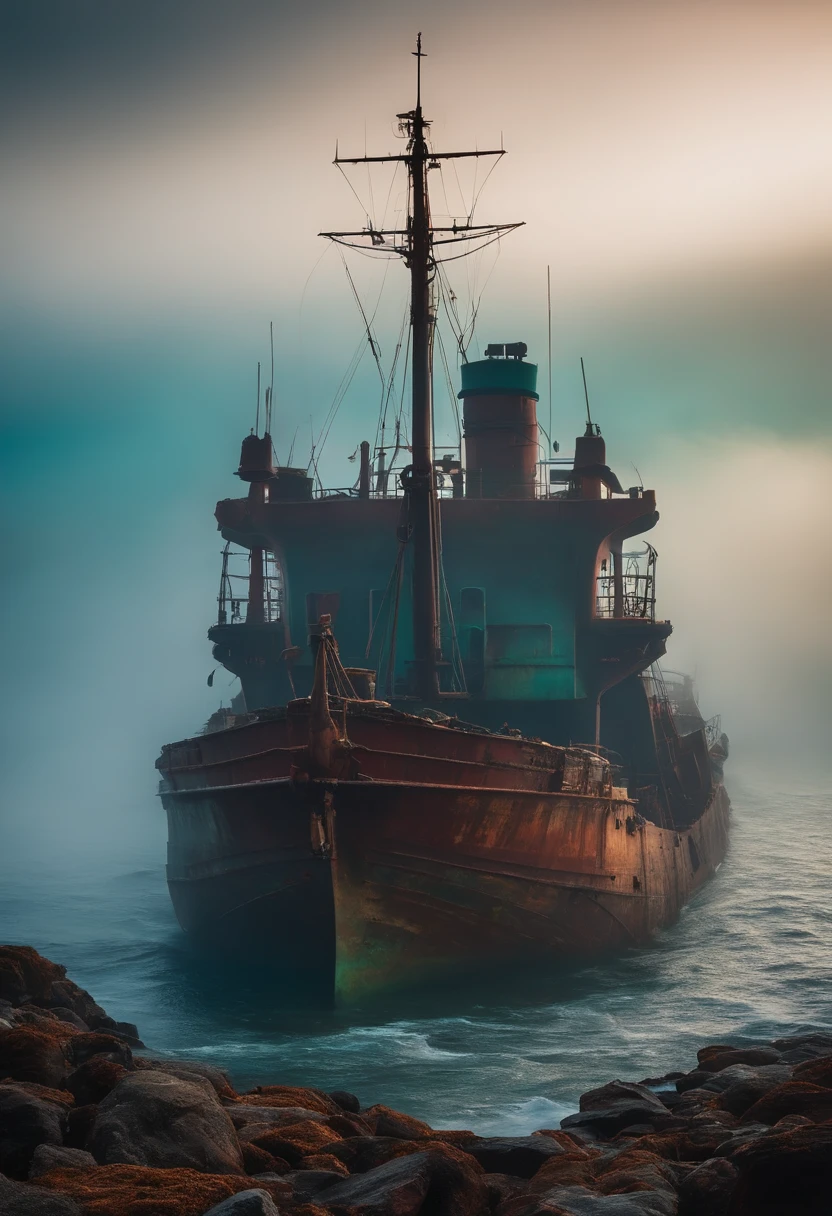 ship graveyard in the middle of the ocean, with fog around, sharp rocks sticking out of the water