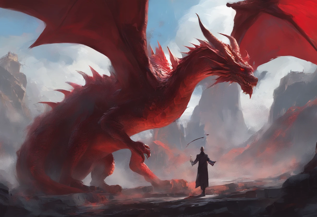 Anthro, duo, male/Female, corps blanc, ((Male Red Dragon)), Salut rien, detailed background, Sclère, grand rouge dans , ((photorealism)), par Pino Daeni, par hioshiru, Masterpiece, digital painting, Dynamique, sombre, dynamic light, Ciel bleu,