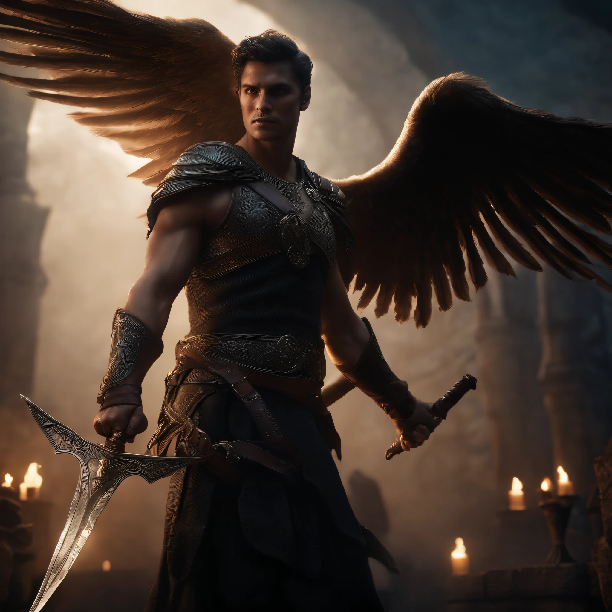 Best quality, Masterpiece, 超高分辨率, (photograph realistic:1.4),surrealism, Dream-like,fusionart, Shadowdancer, shadow magic, darkness control, arafed image of a male angel with a sword and a demon, epic fantasy digital art, Unreal Engine fantasy art, guildwar artwork, 4K fantasy art, Epic fantasy art style HD, fantasy epic digital art, Shadows. alta fantasia, epic fantasy game art, epic fantasy artwork, medieval fantasy game art, loadscreen”, 8K fantasy art , ultra-realistic, hyper-realistic, ultra-detailed, hyper-detailed