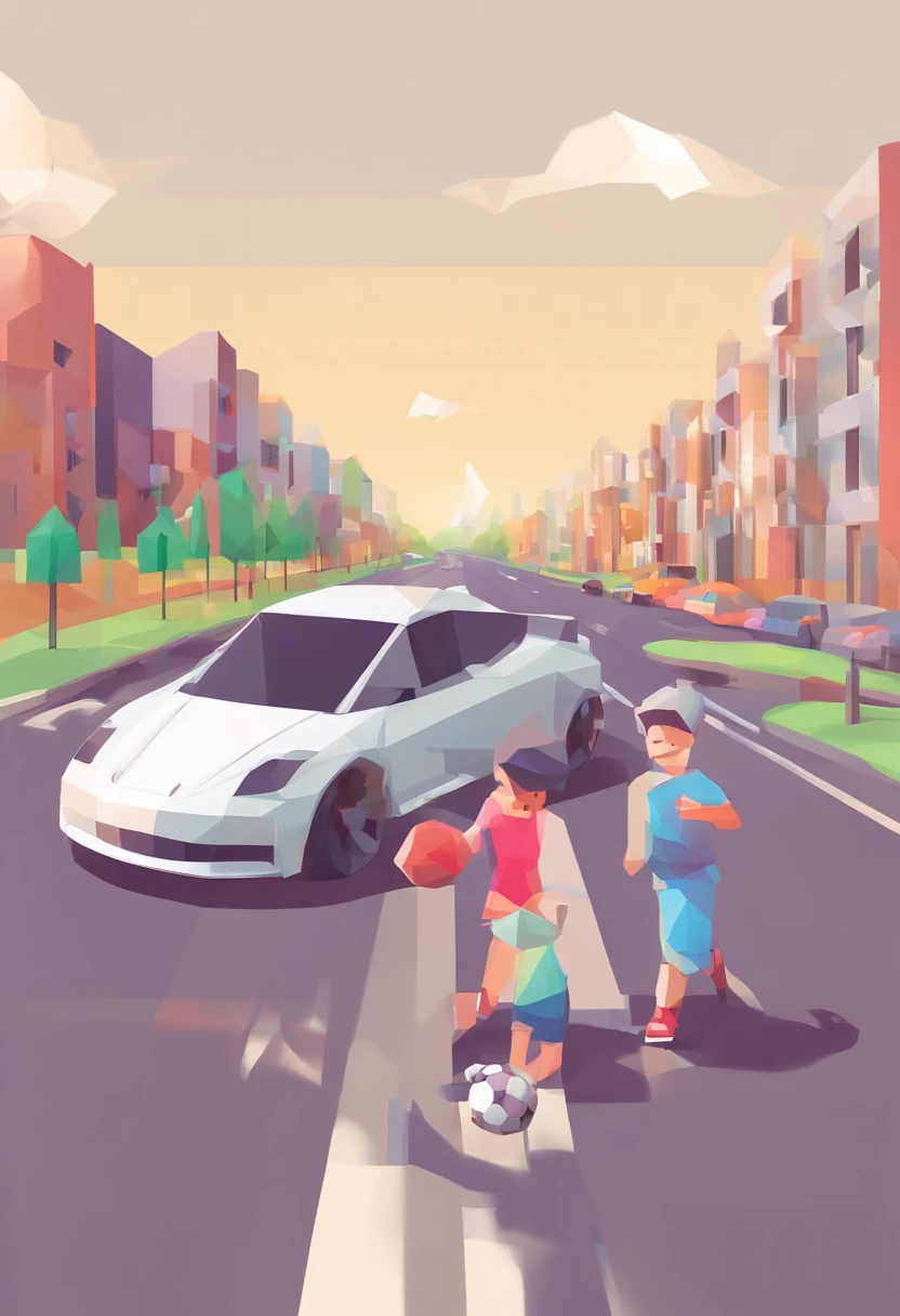 Two children playing with a soccer ball in the middle of a straight, busy highway, Cars are visible in the background
