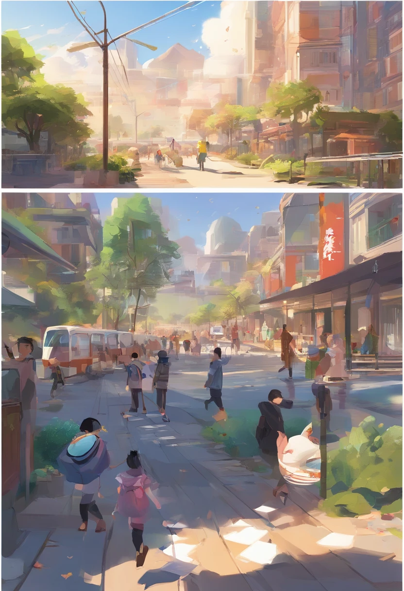 In the middle of a busy straight road,Two children can be seen playing football。They ran enthusiastically,The body is covered with dust。Their eyes sparkle with joy and carefreeness,With a big smile on his face。Background through huge traffic flow,You can see cars and motorcycles passing quickly。The view from the distance of this road appears hazy and blurry,Precisely because of the hard work of light and air pollution。Their sneakers leave light footprints on the ground,Twinkles in the sun。The entire scene is flooded with bright sunlight,It illuminates the children's happy play。The painting employs high-quality creative and painting techniques,Realistic details are shown。The picture is full of life,Full of the vitality of the moment。ao mesmo tempo,The picture is given bright and vibrant colors,It gives a pleasant feeling。sun shining through clouds,A soft light is formed,illuminates the whole scene。The whole picture creates a warm and eye-catching atmosphere,It gives a feeling of vitality and joy。