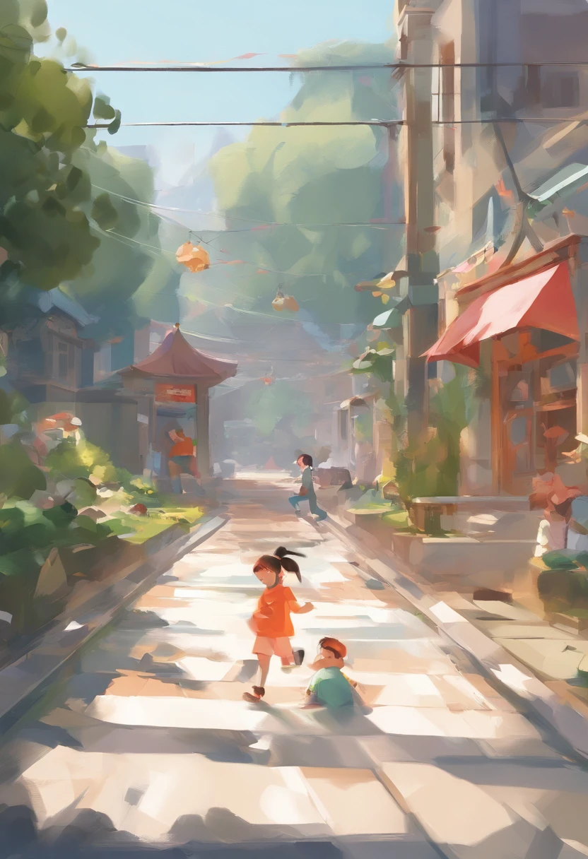 In the middle of a busy straight road，Two children can be seen playing football。They ran enthusiastically，The body is covered with dust。Their eyes sparkle with joy and carefreeness，With a big smile on his face。Background through huge traffic flow，You can see cars and motorcycles passing quickly。The view from the distance of this road appears hazy and blurry，Precisely because of the hard work of light and air pollution。Their sneakers leave light footprints on the ground，Twinkles in the sun。The entire scene is flooded with bright sunlight，It illuminates the children's happy play。The painting employs high-quality creative and painting techniques，Realistic details are shown。The picture is full of life，Full of the vitality of the moment。ao mesmo tempo，The picture is given bright and vibrant colors，It gives a pleasant feeling。sun shining through clouds，A soft light is formed，illuminates the whole scene。The whole picture creates a warm and eye-catching atmosphere，It gives a feeling of vitality and joy。