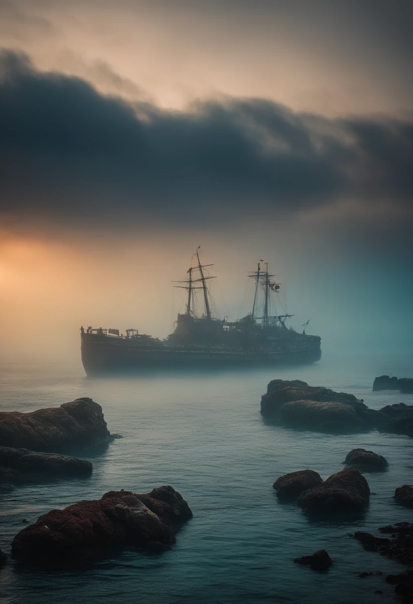 Ship cemetery in the middle of the ocean, with fog around, sharp rocks sticking out of the water, several sunken ships