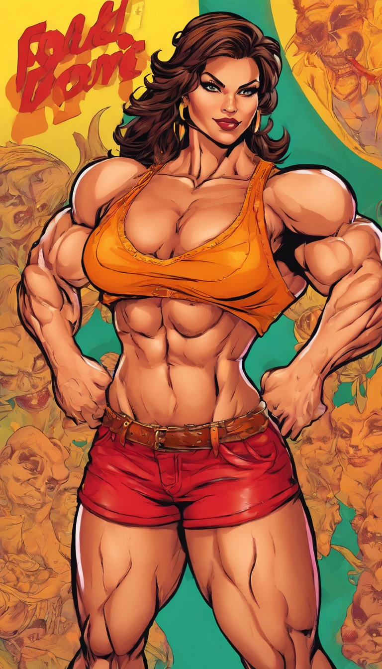 A heavily muscled iffb pro female bodybuilder,  exaggerated huge muscles,  her muscles are huge due to being enhanced by steroid usage, Hermosa joven morena con rulos, argentina, Standing on stage at a folk recital, Llevar una remera sin mangas con tirantes con el texto "Folclore Anuritay" impreso, Clothes in rustic colors, vaqueros, hipy, in front of camera, realista, Detalles de gran intrincado, (obra maestra ), 32K