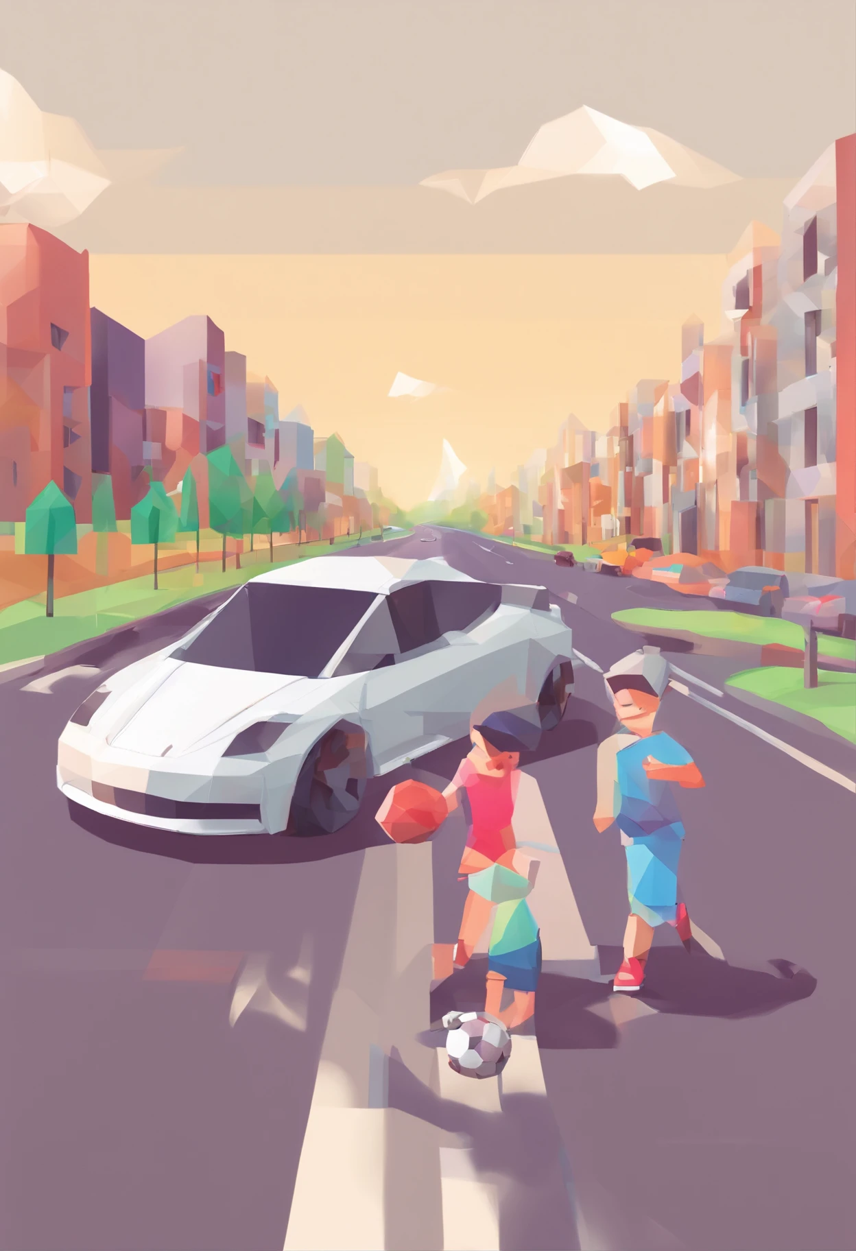 Two children playing with a soccer ball in the middle of a straight, busy highway, Cars are visible in the background