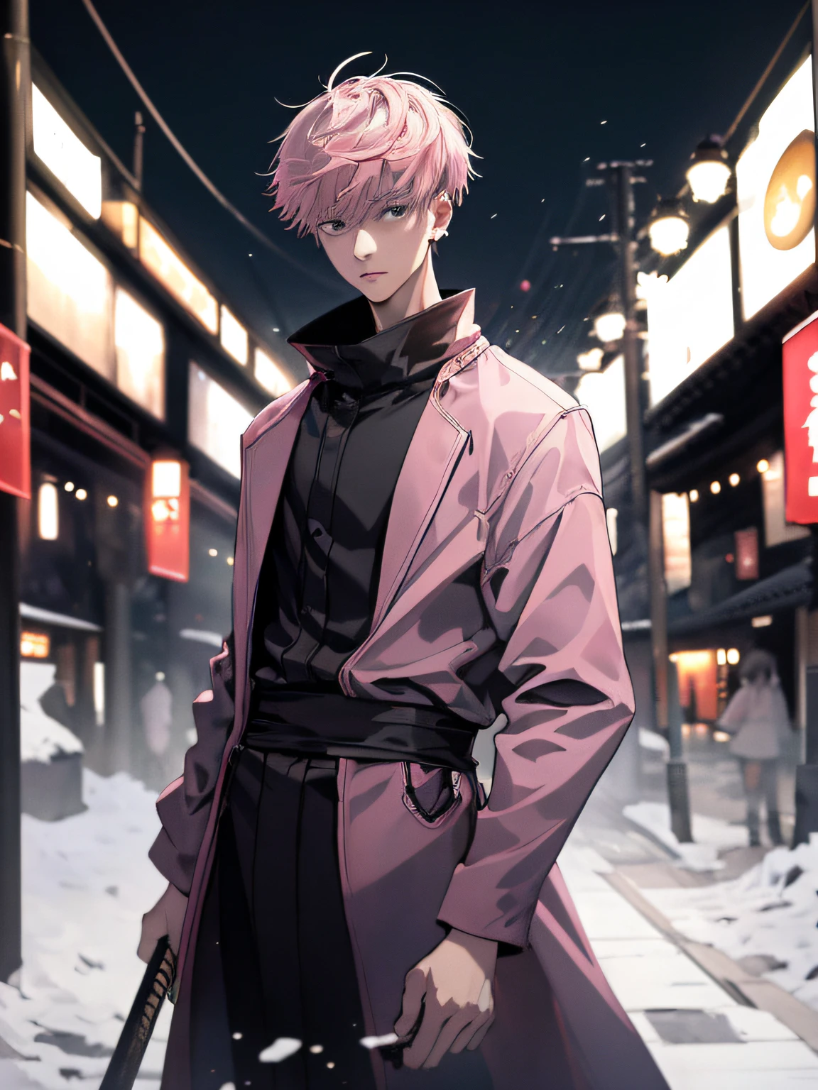 (Masterpiece), best quality, highest quality, highly detailed CG unity 8k wallpaper, original, high resolution, (depth of field: 1.5), fidelity: 1.3, man, teenager, tall man, short pink hair cut, black eye, white kimono with black skirt and overcoat, Japanese school background blurred