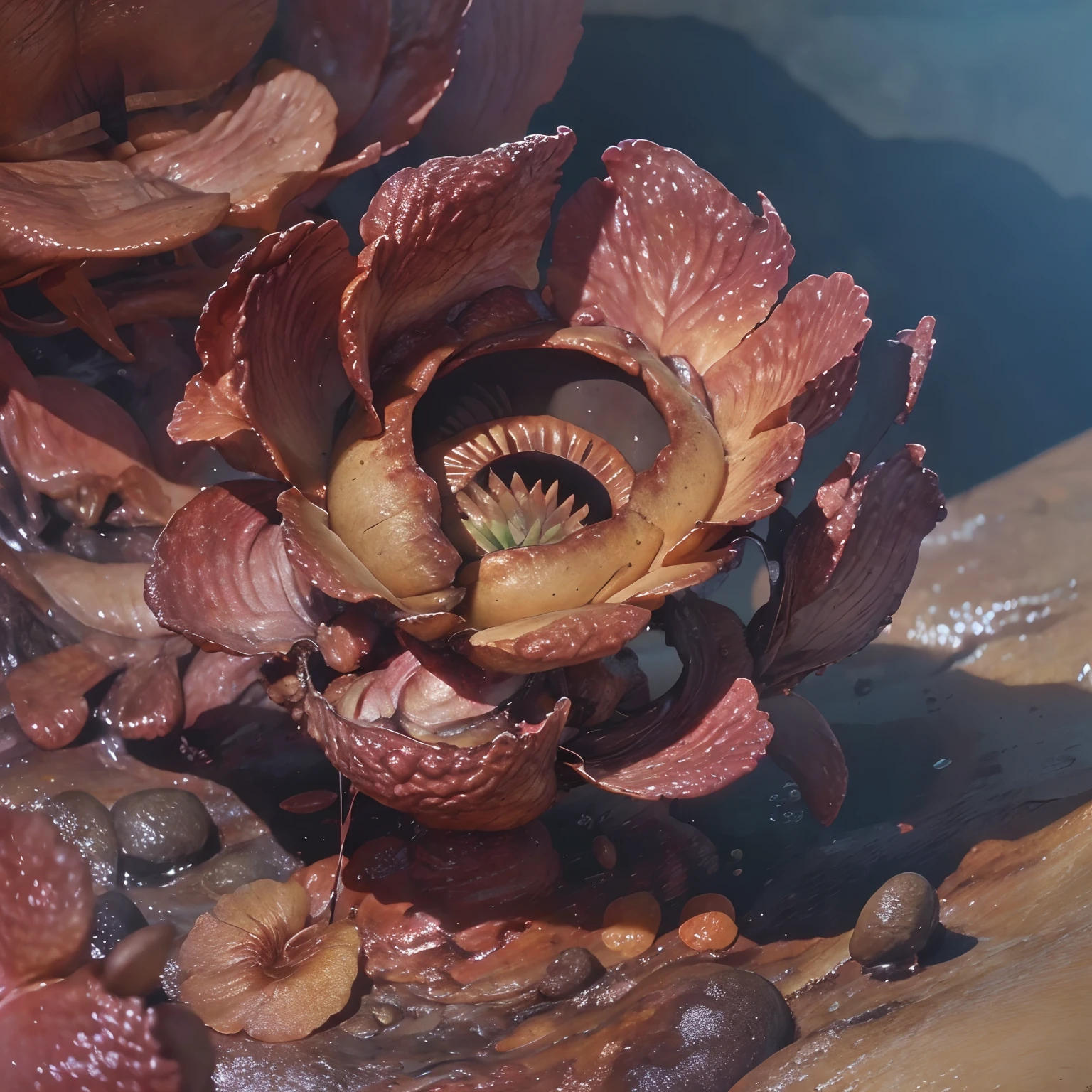 there are flowers in the desert near a large rock, unreal engine 5 showcase, anamorphic 24 mm lens, inspired by Sanford Robinson Gifford, gameplay screenshot, still from a music video, sylvain sarrailh and igor morski, interior gameplay screenshot, 2019, television screenshot