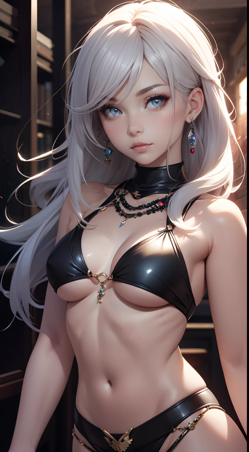 16K, HDR, RTX, 3D, realistic, wlop, gray eyes, aeolian, sexy queen, small breasts, 3D hair, bikini, realistic, jewelry, jade, ruby, diamonds, body chains, shiny detailed eyes, smooth skin, great, tense