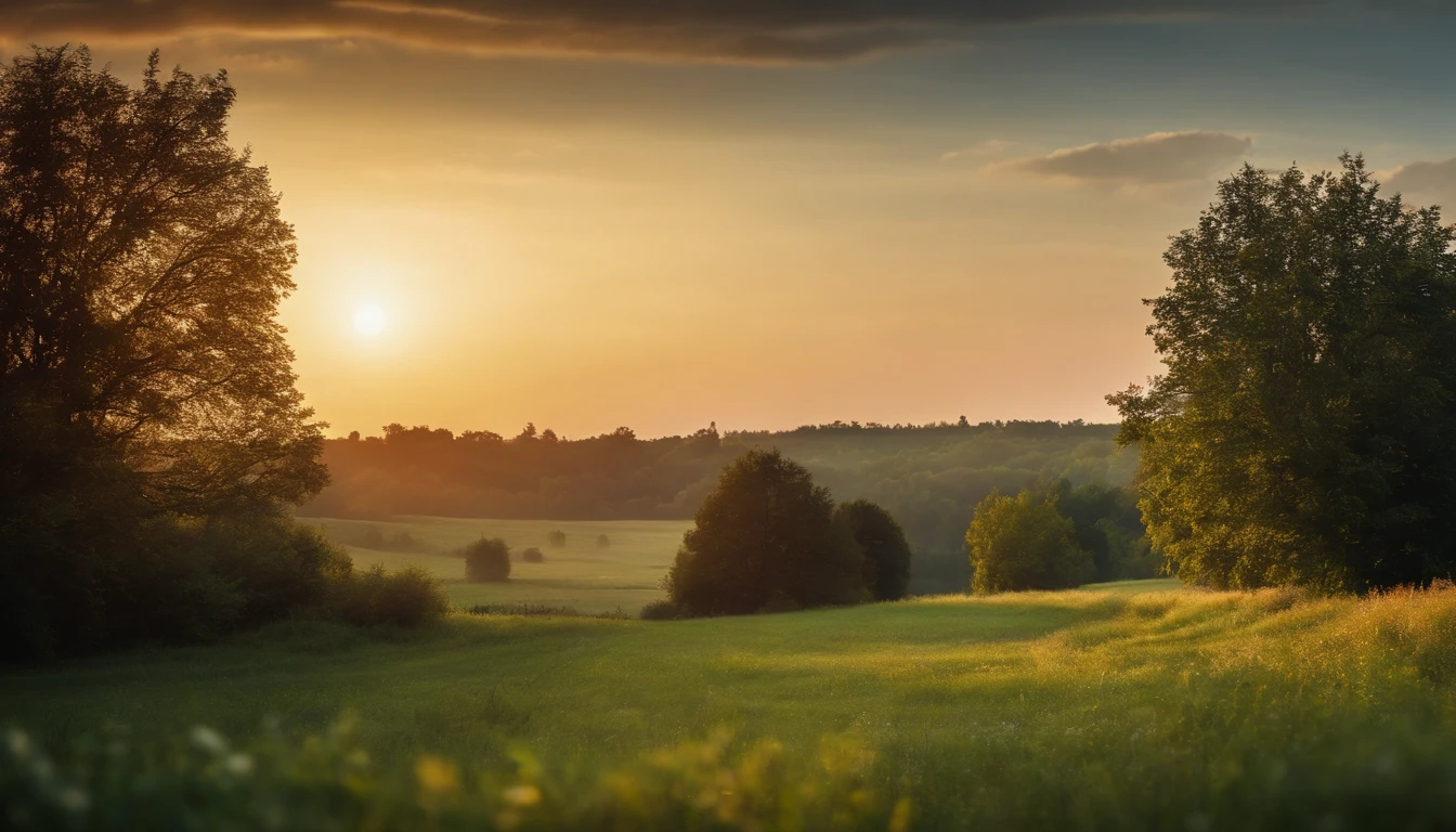 A close up of a field with trees and grass at sunset - SeaArt AI