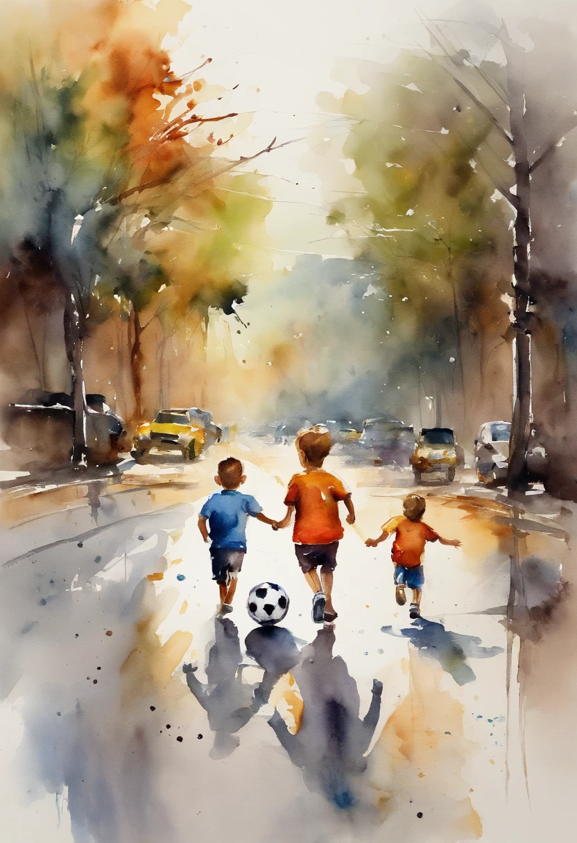 Two children playing with a soccer ball in the middle of a straight line, Busy highway, Cars are visible in the background