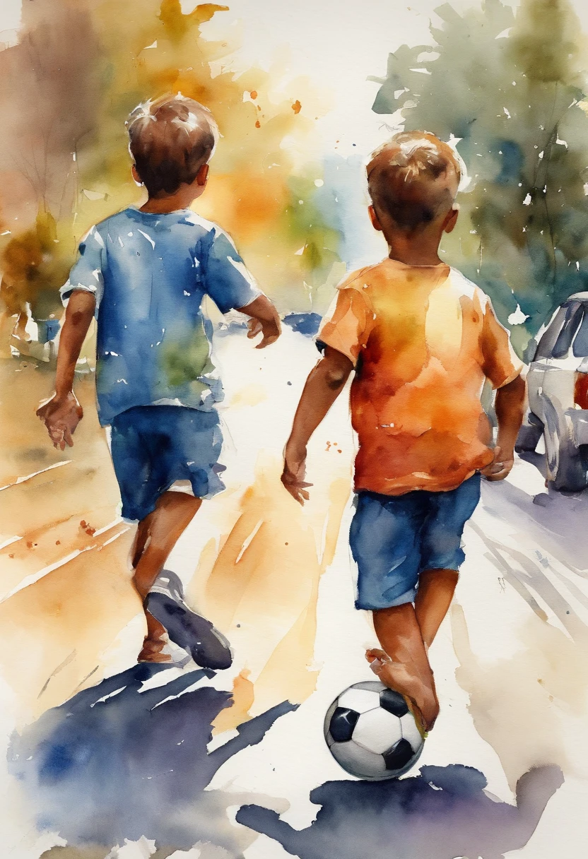 Two children playing with a soccer ball in the middle of a straight line, Busy highway, Cars are visible in the background