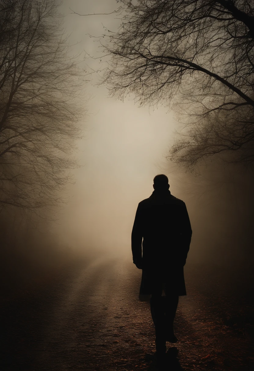 silhouette of a man in dense fog