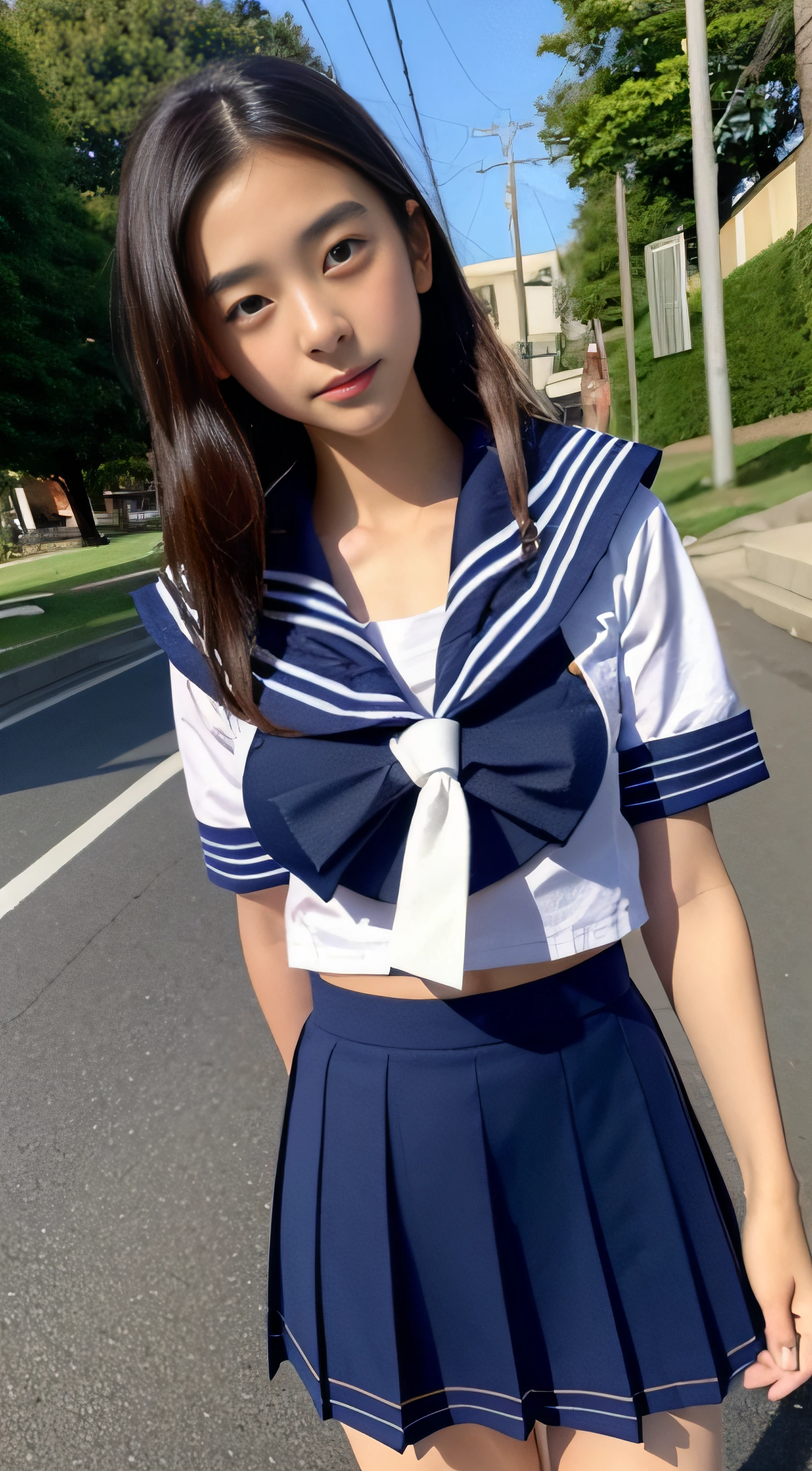 Sailor suit、She is taking off her navy blue skirt、Pulling down her skirt、White panties are visible、Short pigtails、Small breasts