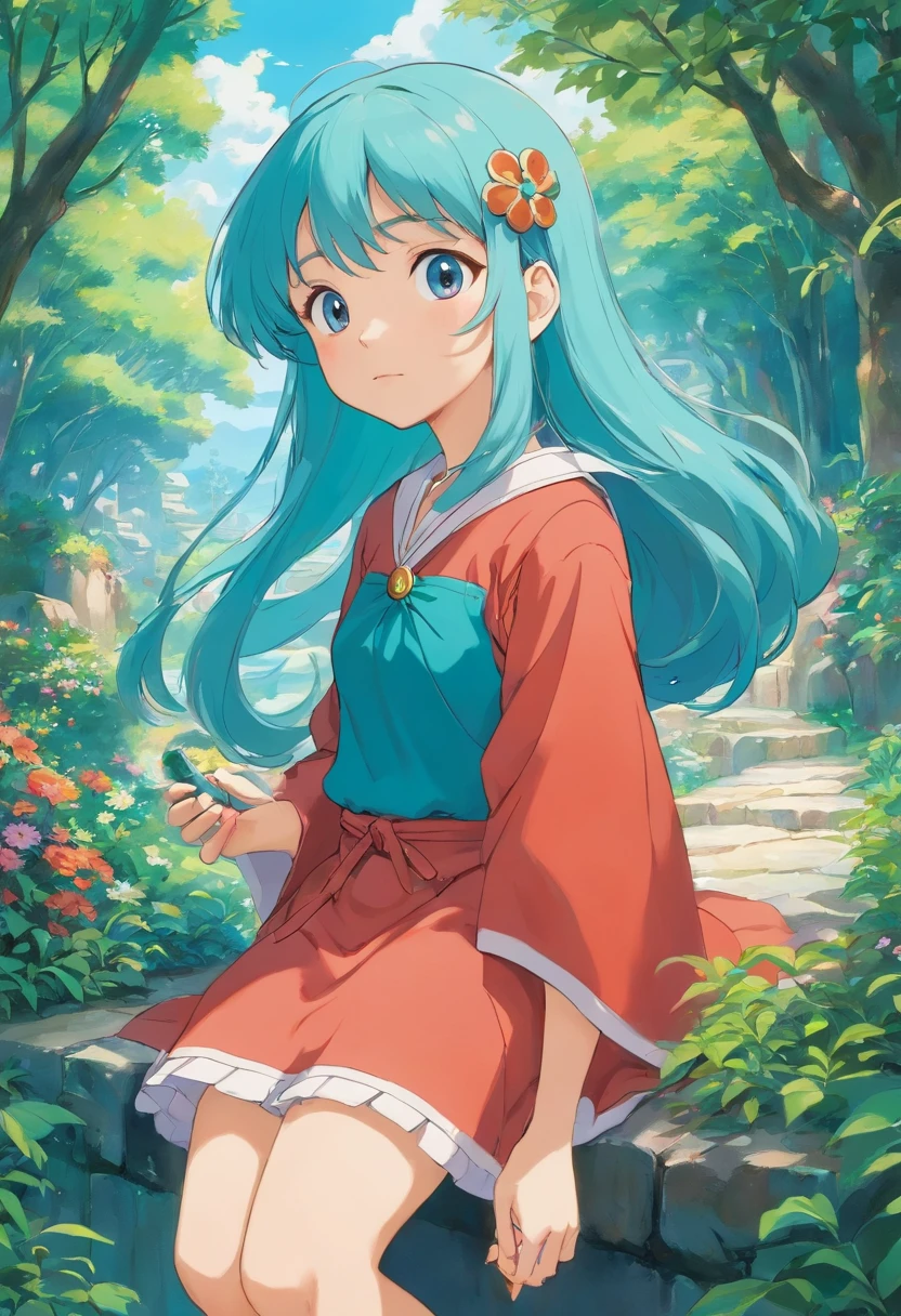 uma menina usando um colar de anime, um colar longo e brincos, no estilo de paisagens de jardim tranquilas, animated color photos, Masami Teraoka, aquamarine, Paulo Gauguin, Estilo Embry, retrato honesto