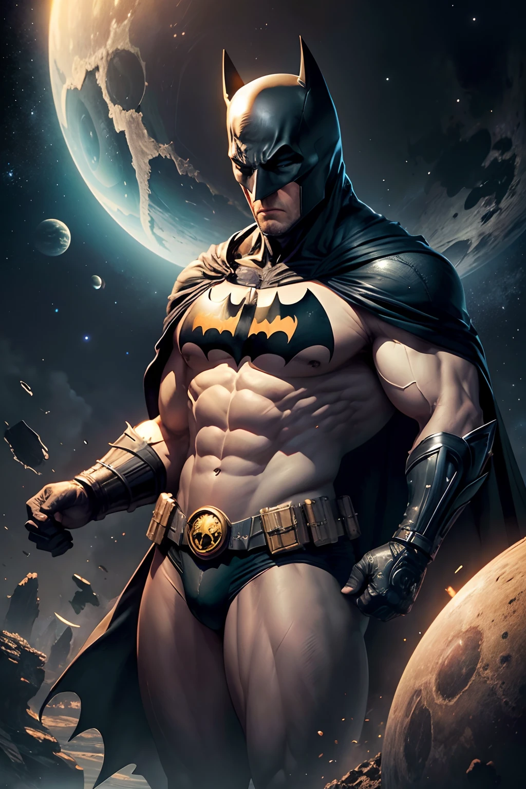 ((best quality)), ((masterpiece)), (detailed), batman, feels like a hulk,space ship,The Milky Way is in the sky,universe background,There are planets in the distance,On the surface of a planet full of magma