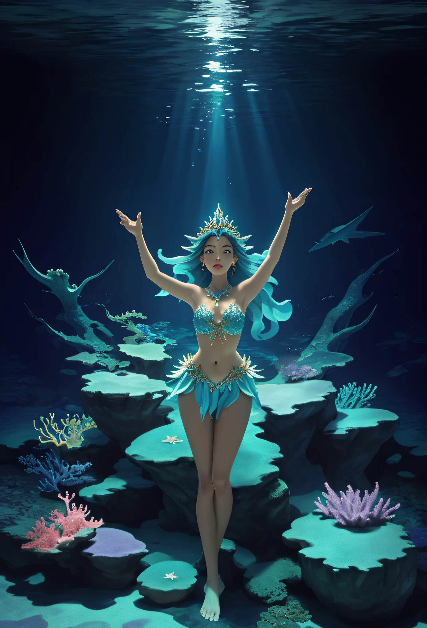 Photo of beautiful underwater in the position of starfish in front of Atlantis in the background, She is a goddess.、Facing the audience, Highly detailed, masutepiece, awardwinning