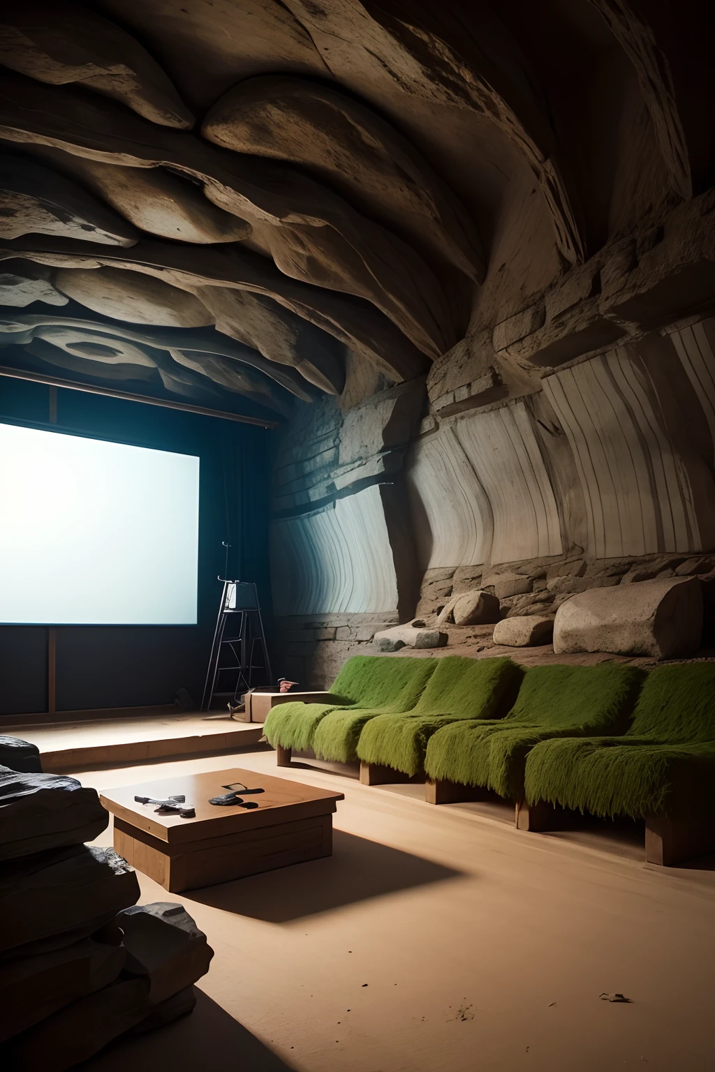 film projections on the walls of a fantastic prehistoric stone cave