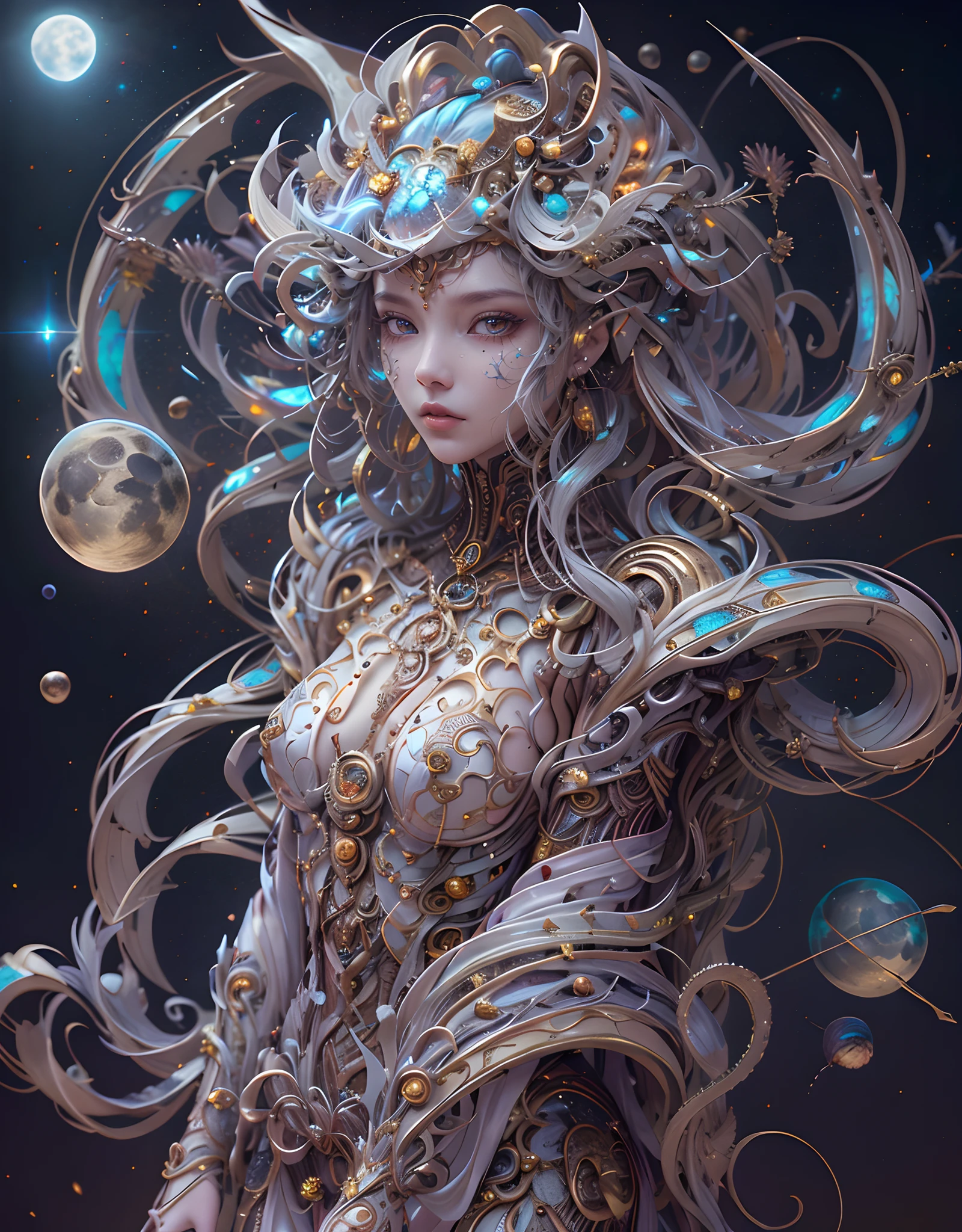 (best qualtiy,ultra - detailed,Most Best Illustration,Best shadow,tmasterpiece,A high resolution,professionalartwork,famousartwork),Detailed eyes,beautidful eyes,closeup cleavage,sci-fy,colored sclera,Robot eyes,face markings,Tattooed with,(fractalized,Fractal eyes),(Eye focus),sface focus,Nebula eyes,Space eyes,Close-up of metal sculpture of a woman with a moon in her hair,goddes。extremly high detail,3 d goddess portrait,Extremely detailed footage of the goddess,a stunning portrait of a goddess,Side image of the goddess,portrait of a beautiful goddess,Full body close-up portrait of the goddess,hecate goddess,portrait of a norse moon goddess,goddess of space and time, asian skin, skin detail masterpiece, realistic skin, oil shiny masterpiece