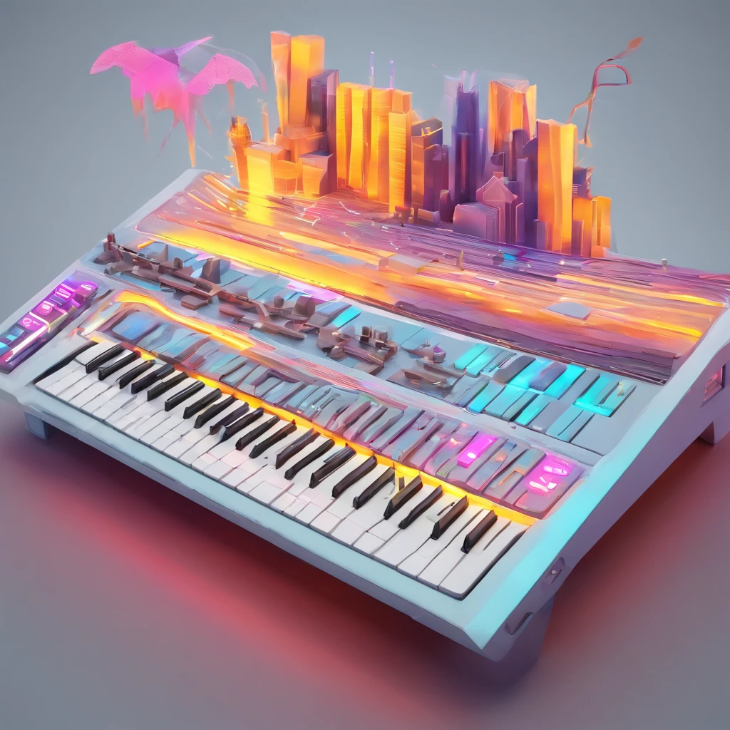 Develop a logo for my brand that depicts a magical MIDI keyboard with cyberpunk-style details and a connection to elements of magic and imagination. Place the logo drawing in the center of the image and set the image background to a single solid color,vetor, 2d illustration, fundo branco, muito colorido, gradiente colorido moderno, centralizado, Vista frontal, hiperdetalhado, designer de camiseta,fundo limpo, Bom brilho, 3D rendering of,best quality