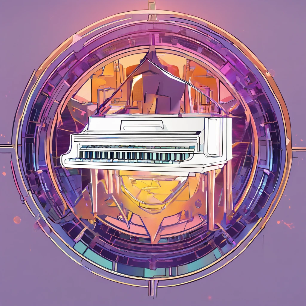 Develop a logo for my brand that depicts a magical MIDI keyboard with cyberpunk-style details and a connection to elements of magic and imagination. Place the logo drawing in the center of the image and set the image background to a single solid color,vetor, 2d illustration, fundo branco, muito colorido, gradiente colorido moderno, centralizado, Vista frontal, hiperdetalhado, designer de camiseta,fundo limpo, Bom brilho, 3D rendering of,best quality