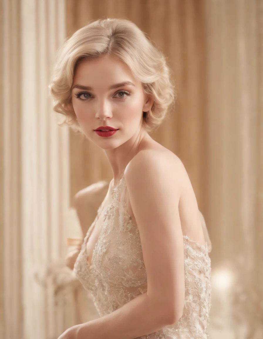 NSFW,(((fullnude))),(((Nothing to wear))),(((Focus on the whole body))),(((full body)),(((standing))), (Best Quality:1.2,Ultra-detailed,Realistic:1.37),Naked blonde woman resembling Audrey Hepburn and Marilyn Monroe, Attractive jewelry, wide Shots, Fine Art Painting, Detailed eyes and lips, elegant look, Classic beauty, Vintage style, , Soft lighting, refined atmosphere, Beautiful body,Retro hairstyles