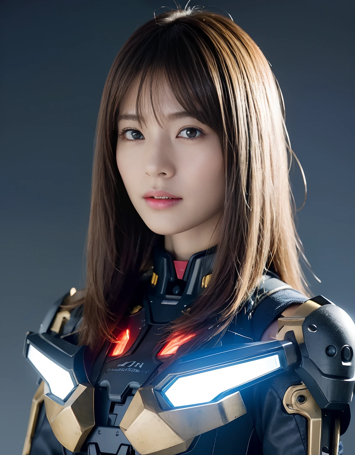 (1 Mechanical Girl)、top-quality、masterpiece、超A high resolution、(Photorealsitic:1.4)、Raw photo、女の子1人、Golden hair、glowy skin、(((1 Mechanical Girl)))、(LED Lamp Mechanical Helmet)、(Small LED)、((super realistic details))、portlate、globalillumination、Shadow、octan render、8K、ultrasharp、Colossal tits、Raw skin is exposed in cleavage、metals、Details of complex ornaments、Japan details、highly intricate detail、Realistic light、CGSoation Trends、Red Eyes、radiant eyes、Facing the camera、neon details、(Mechanical limbs)、(blood vessels connected to tubes)、Mechanical vertebrae attached to the back、mechanical cervical attaching to neck、(Wires and cables connecting to the head)、Gundam、Small LED、,Mechanical thighs、Toostock、