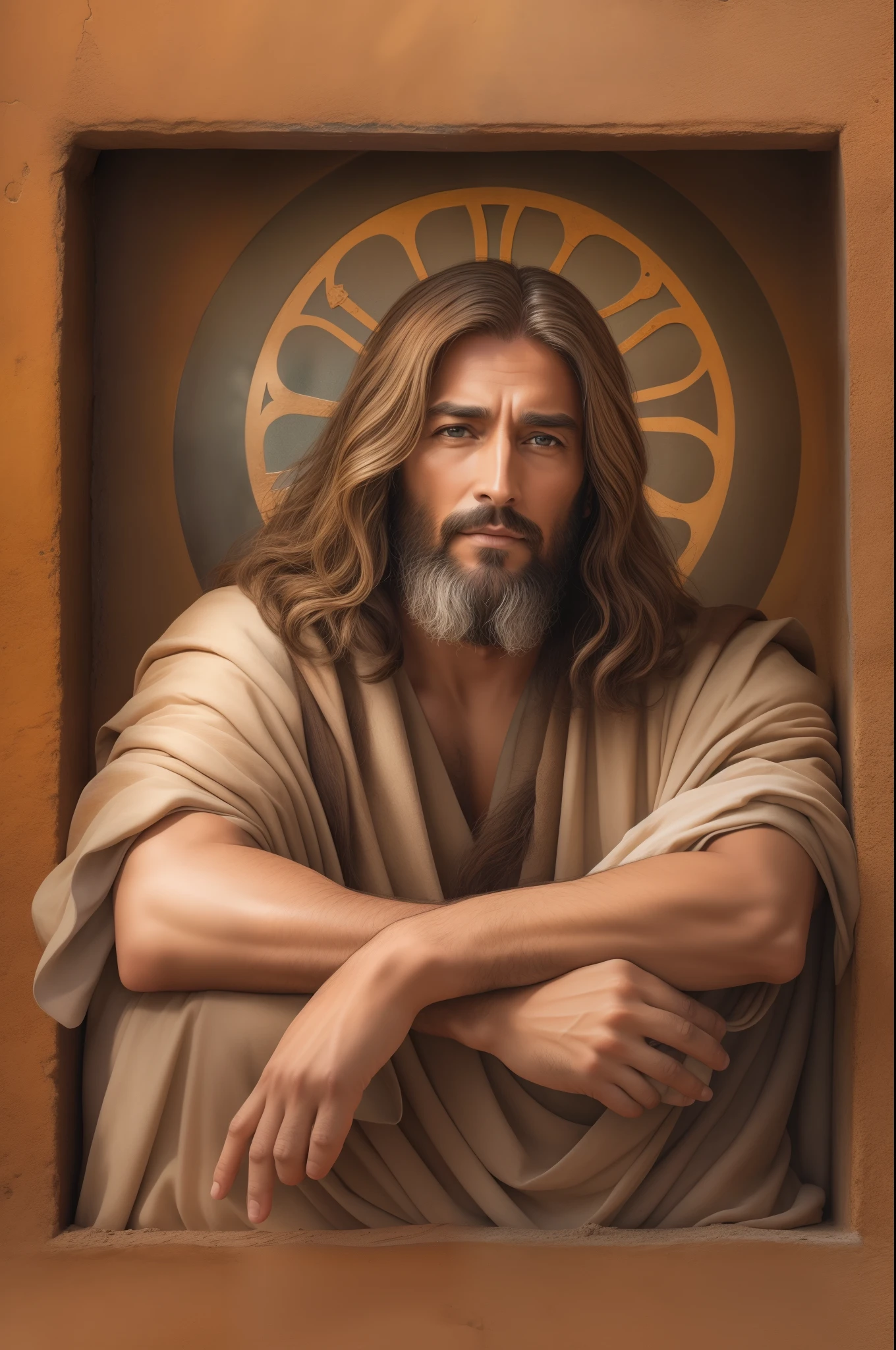 Gere uma imagem de Jesus estilo realista, The paradise of the celestial background , olhando para frente .com longos cabelos castanhos e barba. His eyes are kind and expressive,, garanta que a imagem seja de alta qualidade e rica em detalhes, capturing the essence of Jesus , pele altamente detalhada: 1,2 8k uhd , 20MP, Fujifilm XT3, 80mm