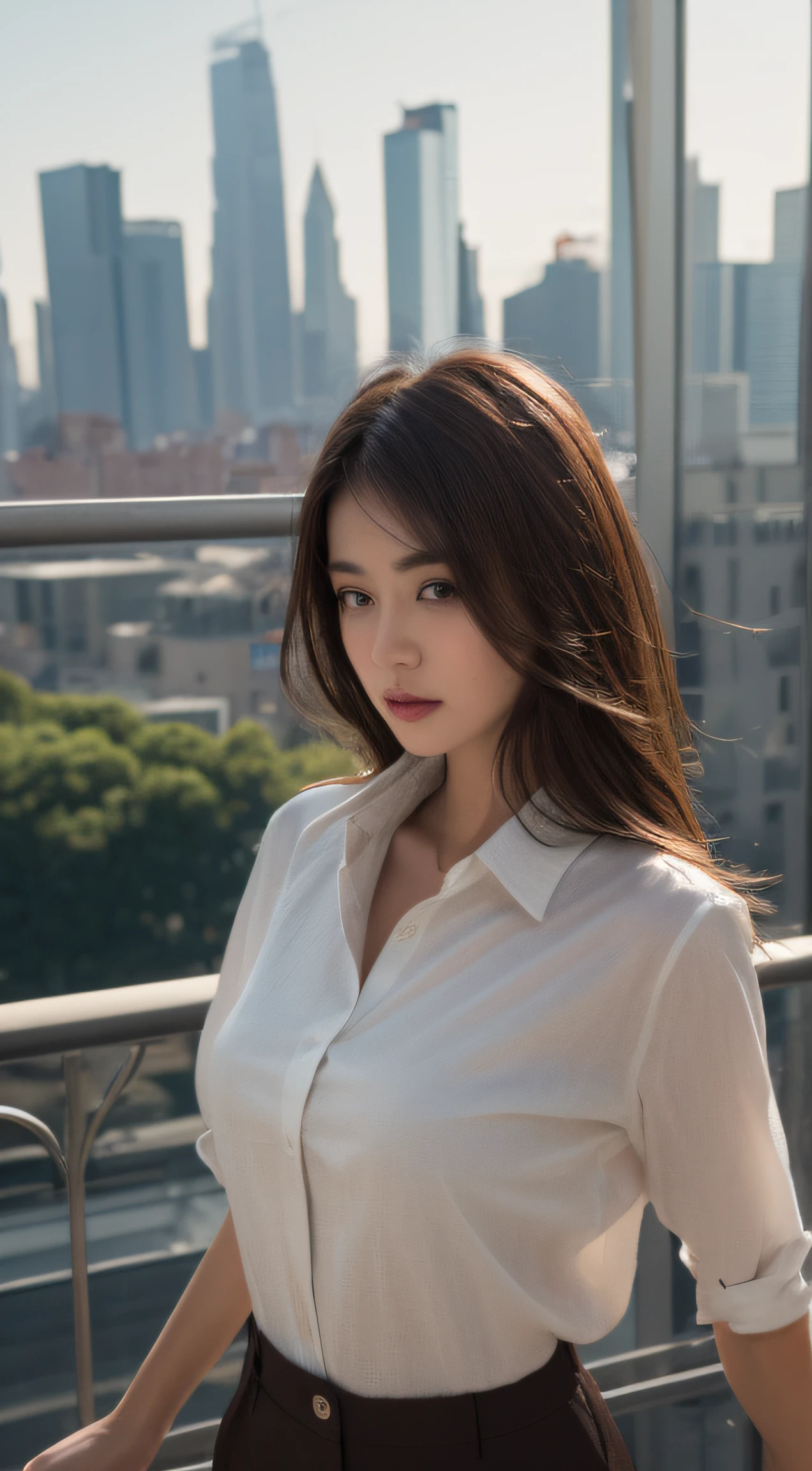 ((Morning, Best quality, 8k, Masterpiece)), Whole body, Long legs, Sharp focus, A pretty woman with perfect figure, Slender abs, ((Dark brown hair, Medium breasts)), (Fancy shirt, Short pants, Standing), ((City view, Street)), Highly detailed face and skin texture, Detailed eyes, Double eyelid