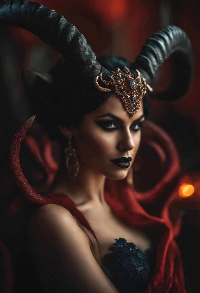 color photo of a succubus with long horns and a devil's tail -c 10-ar 2:3