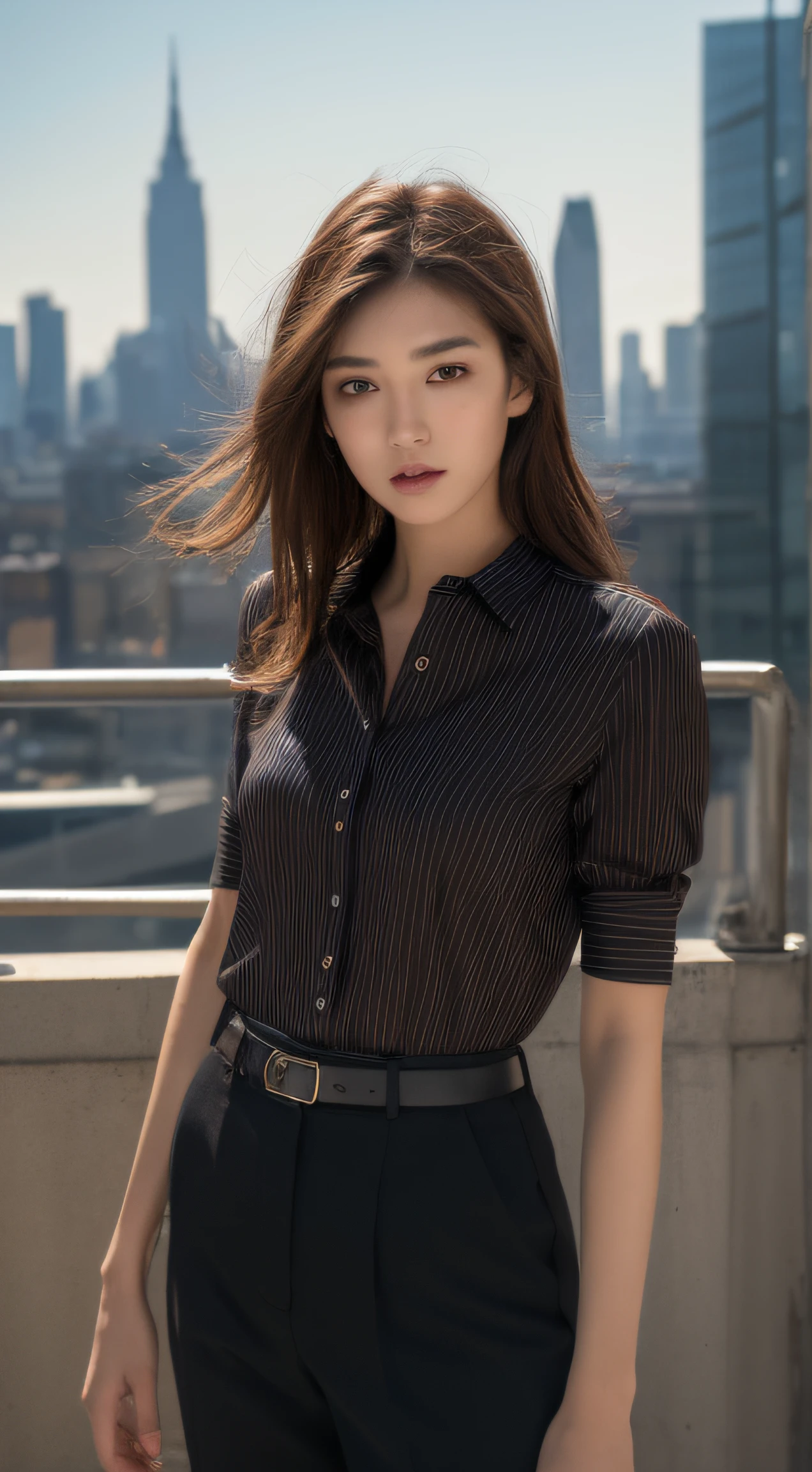 ((Morning, Best quality, 8k, Masterpiece)), Whole body, Long legs, Sharp focus, A pretty woman with perfect figure, Slender abs, ((Dark brown hair, Medium breasts)), (Fancy shirt, Short pants, Standing), ((City view, Street)), Highly detailed face and skin texture, Detailed eyes, Double eyelid
