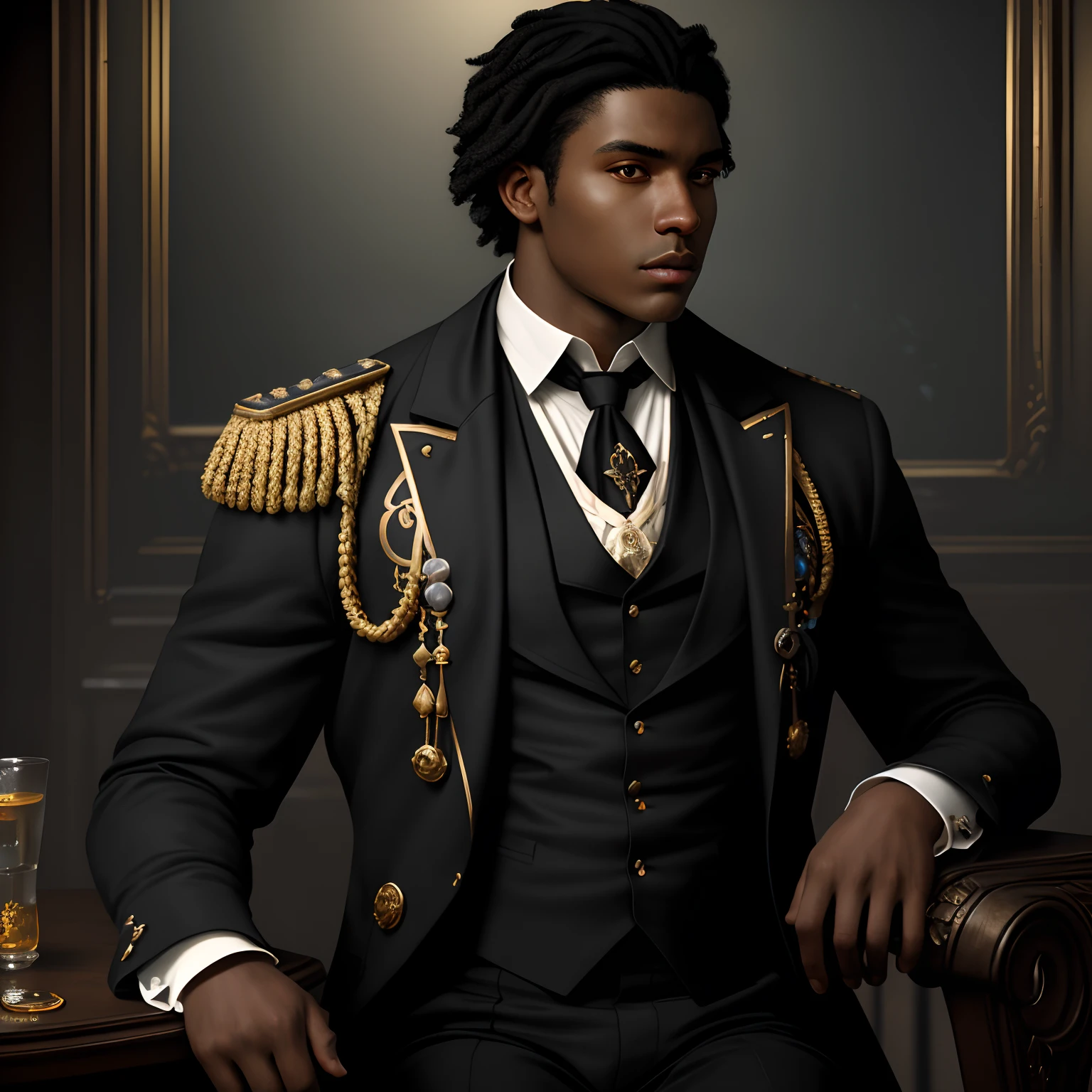 masterpiece stunning masculine strong black man about 18 years old, wearing british regency male outfit, short black hair, expressive big black eyes, louis allen III, looking up, (sunny regency london background), full body, masterpiece, fine detail, rich colors, dramatic lighting, extremely detailed, cinematic lighting hyperdetailed painting, luminism, Bar lighting, complex, 4k resolution concept art portrait by Greg Rutkowski, Artgerm, WLOP, Alphonse Mucha, little fusion pojatti realistic goth: a stunning realistic photograph