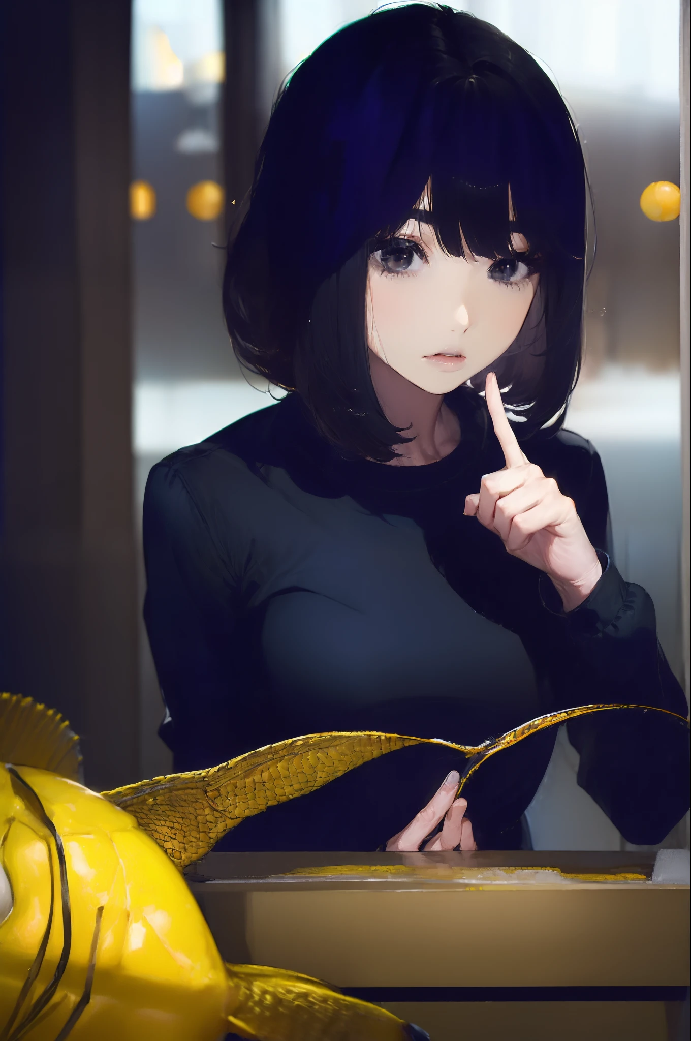 ((((Catching big fish:1.5)))),((Female 28 years old)),((Best Quality:1.5)),(((Hands with the correct number and structure of fingers:1.4))),((Lakeside:1.37)),hight resolution,ultra-detailliert,​masterpiece,best qualtiy,(Eight-headed body),Black hair, long eyeslashes, Solid Circle Eyes, drop shadow, Atmospheric perspective,Super Detail, ccurate, small brest,(Black jacket and black jeans :1.1),top-quality, blurry backround, bokeh dof:1.2, (​masterpiece:1.3),  Atmospheric perspective,Super Detail,dynamic compositions, Ultra High Quality,