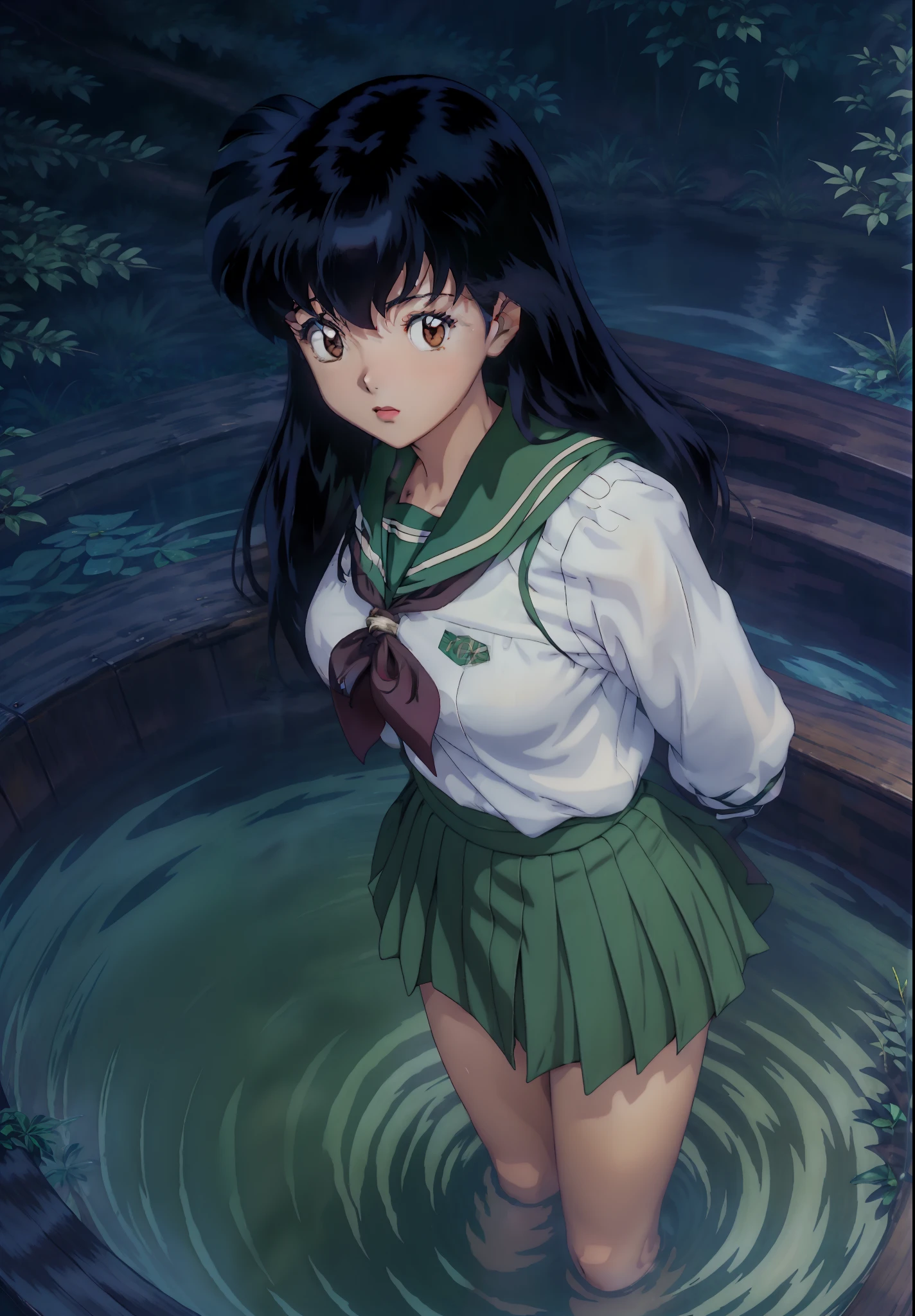 1girl, Kagome Higurashi, brown eyes, full body,  perfect eyes, perfect face, perfect lighting, outdoors, warm colors, forest lake, school uniform, in water, night time,