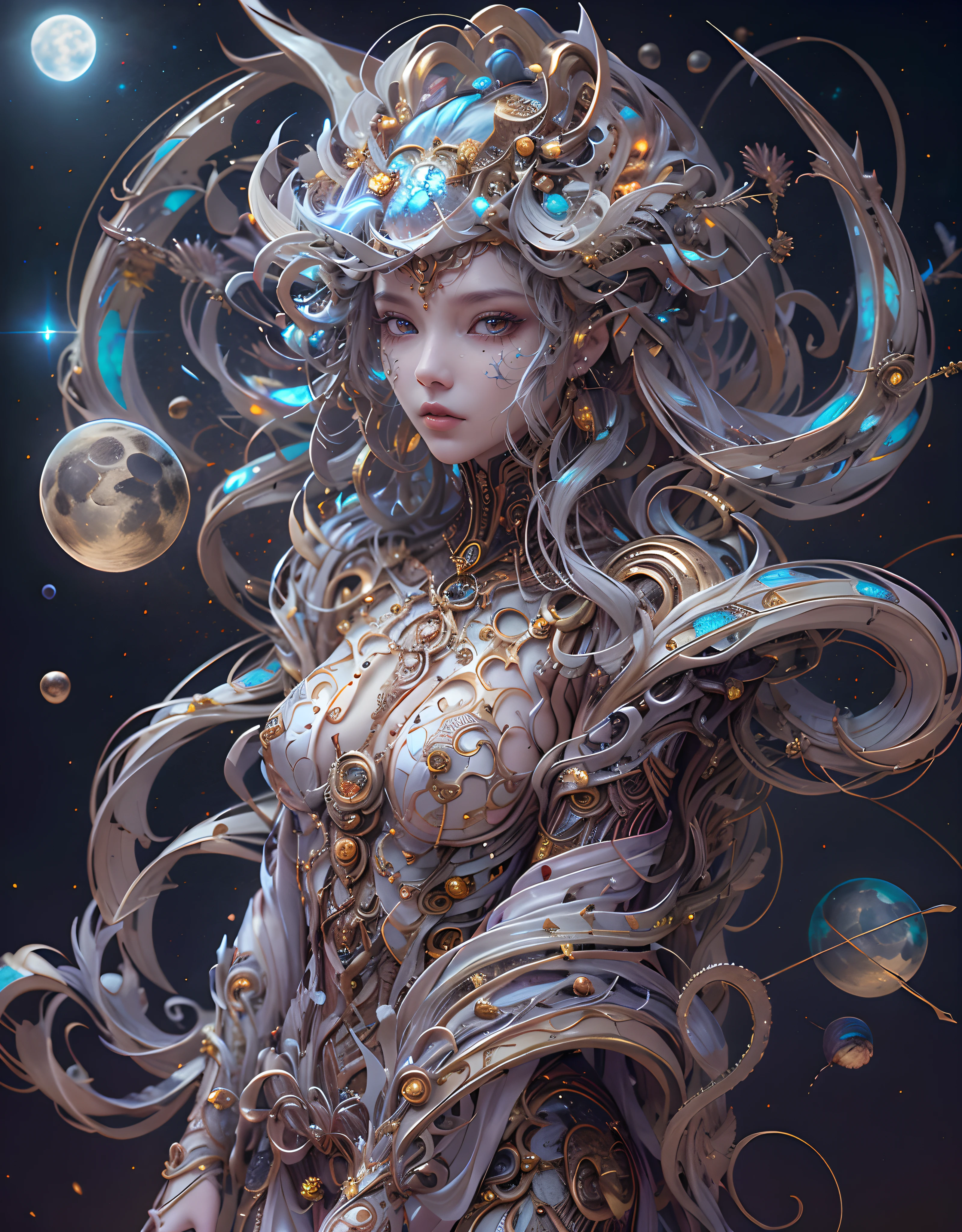 （best qualtiy，ultra - detailed，Most Best Illustration，Best shadow，tmasterpiece，A high resolution，professionalartwork，famousartwork），Detailed eyes，beautidful eyes，closeup cleavage，sci-fy，colored sclera，Robot eyes，face markings，Tattooed with，（fractalized，Fractal eyes），（Eye focus），sface focus，Nebula eyes，Space eyes，Close-up of metal sculpture of a woman with a moon in her hair，goddes。extremly high detail，3 d goddess portrait，Extremely detailed footage of the goddess，a stunning portrait of a goddess，Side image of the goddess，portrait of a beautiful goddess，Full body close-up portrait of the goddess，hecate goddess，portrait of a norse moon goddess，goddess of space and time, asian skin, skin detail masterpiece, realistic skin, oil shiny masterpiece
