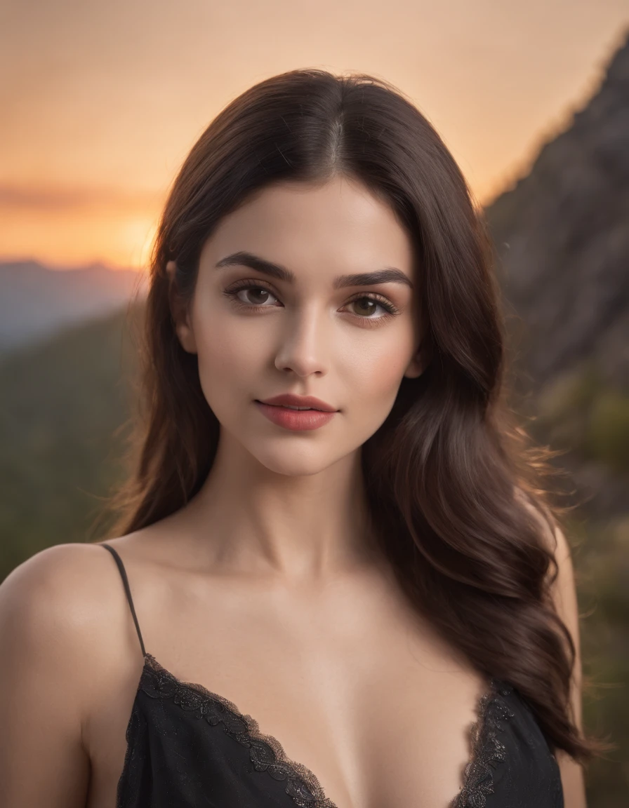 8k, RAW photo, portrait, best quality, ultra high res, photorealistic, 1girl, naked, full body, thigh, black hair, earrings, necklace, heavenly mountain cabin maanna, grin, eyelashes,breast, spread legs, cinematic lighting, night, depth of field, lens flare, model after alexandria daddario