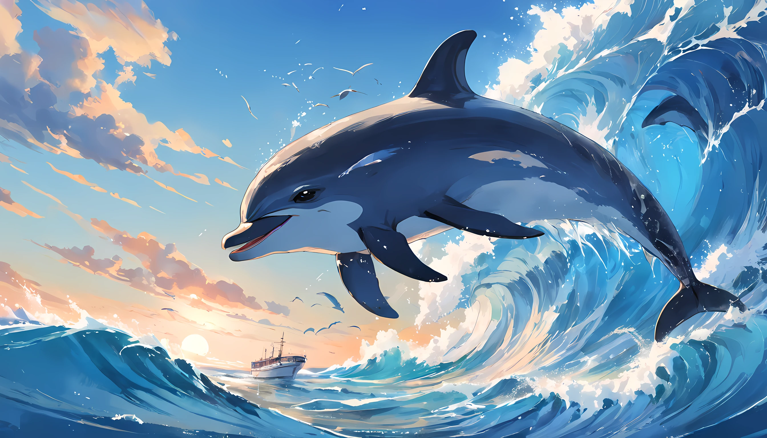Redraw in blue tones, Blue sky, Blue ocean,Jumping dolphins, Penguins reading on board, Highly detailed watercolor 8K, Highly detailed watercolor 8 K,octane,Sona,Realistic,8K,Shinkai Makoto style( reasonable design, 清晰的线条, High sharpness,Best quality, Very detailed, Master parts, movie light effect, 4K )