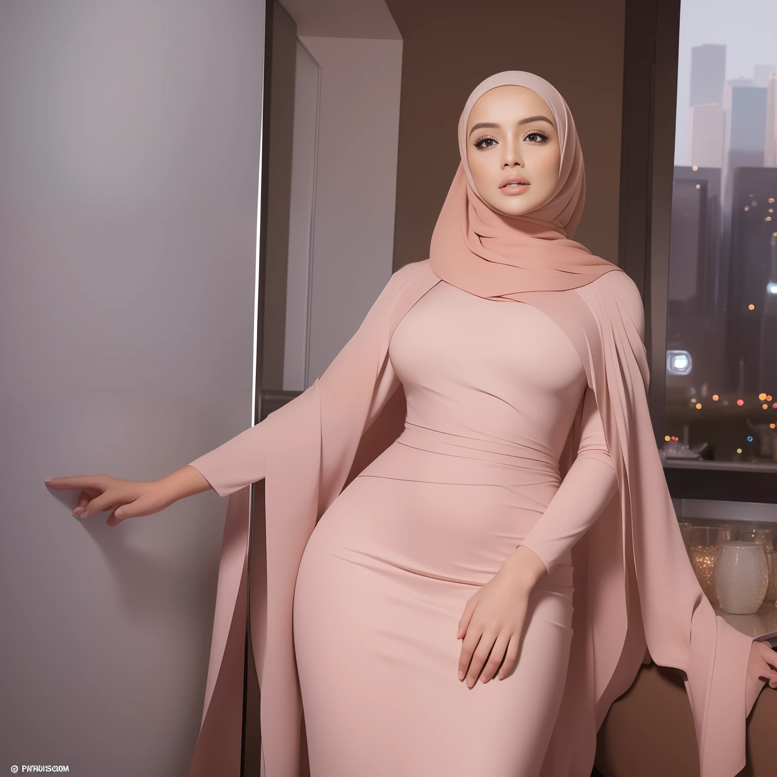 A perfect girl with an ideal body shape, showcasing a full body view. She is wearing a hijab and a tight dress that accentuates her curves. The focus is on her big and beautiful eyes, detailed lips, and long eyelashes. The artwork is created using a mixture of illustration and photography, resulting in a visually striking piece. The image is of the highest quality, with a resolution of 4k or 8k, showcasing ultra-detailed features. The style is a combination of portraits and concept art, complemented by vivid colors and a realistic, photorealistic aesthetic. The overall color scheme leans towards warm tones, with soft lighting enhancing the atmosphere.