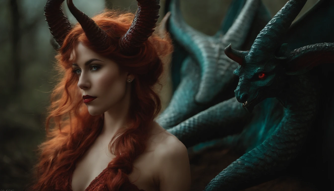 Color photo of a succubus with long horns and a devil's tail -c 10-ar 2:3