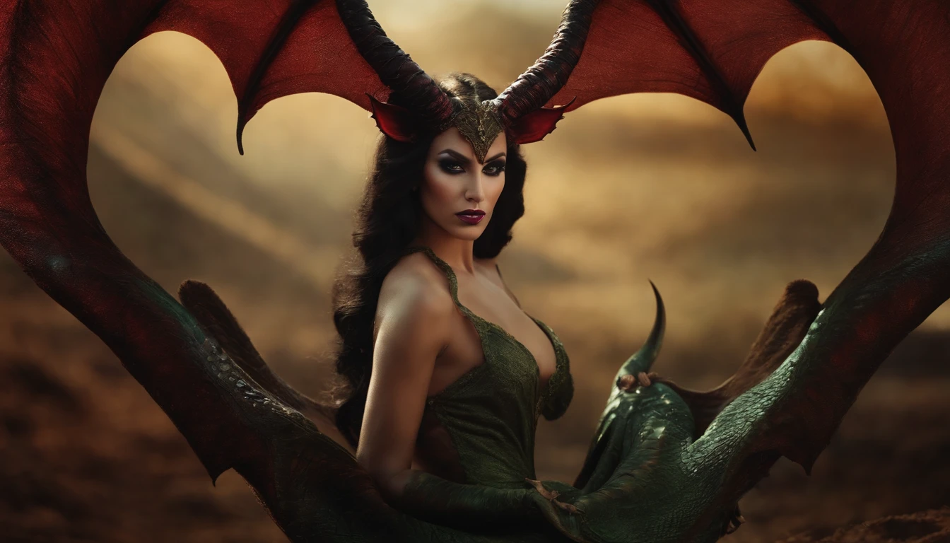 Color photo of a succubus with long horns and a devil's tail -c 10-ar 2:3