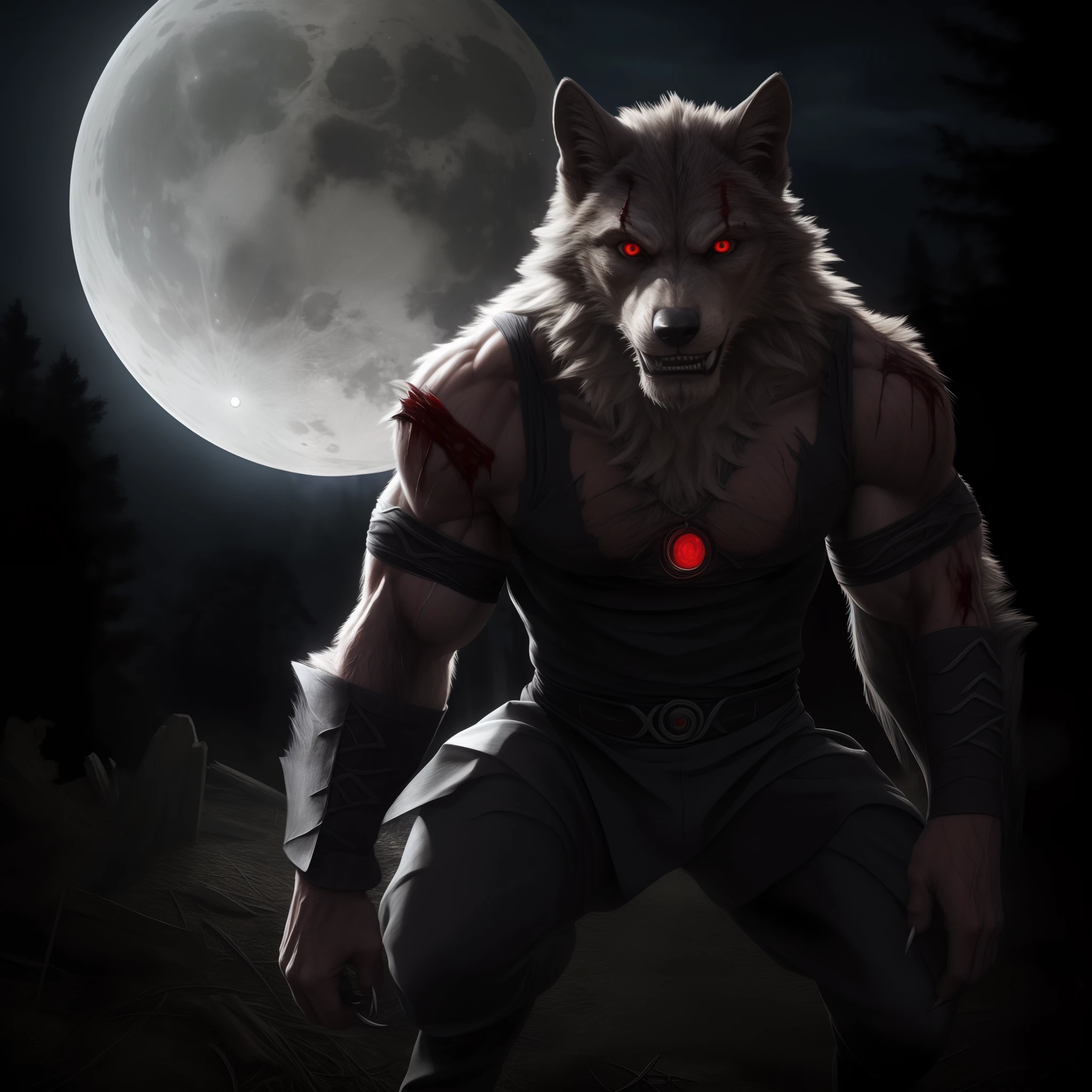 (best quality,highres,masterpiece:1.2),(realistic,photorealistic,photo-realistic:1.37),detailed werewolf,unique Halloween,wolf-like creature,scary costume,full moon,spooky atmosphere,dark forest,menacing shadows,pale moonlight,haunting eyes,intense facial expression,terrifying werewolf,howling at the moon,hairy body,sharp claws,blood-red eyes,muscular build,shredded clothes,sinister background,e