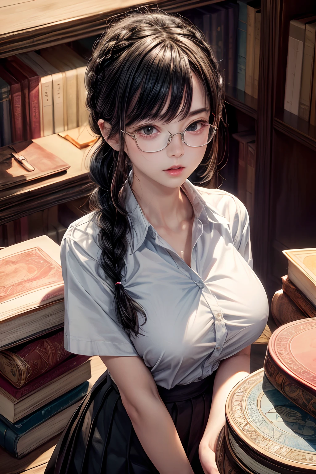 (masterpiece, best quality, highly detailed, ultra detailed, high resolution, absurdres, 4K, 8K:1.2), (official art, incredibly fine illustration, extremely detailed CG, detailed background, professional lighting, dynamic angle, perfect hands, detailed shiny skin, detailed hair, detailed eyes), braided pigtails, glasses, library, Girl in uniform, serafuku, White shirt, Black skirt, Black hair, Shiny hair, Shiny skin, carried breast rest
carrying, stack of books