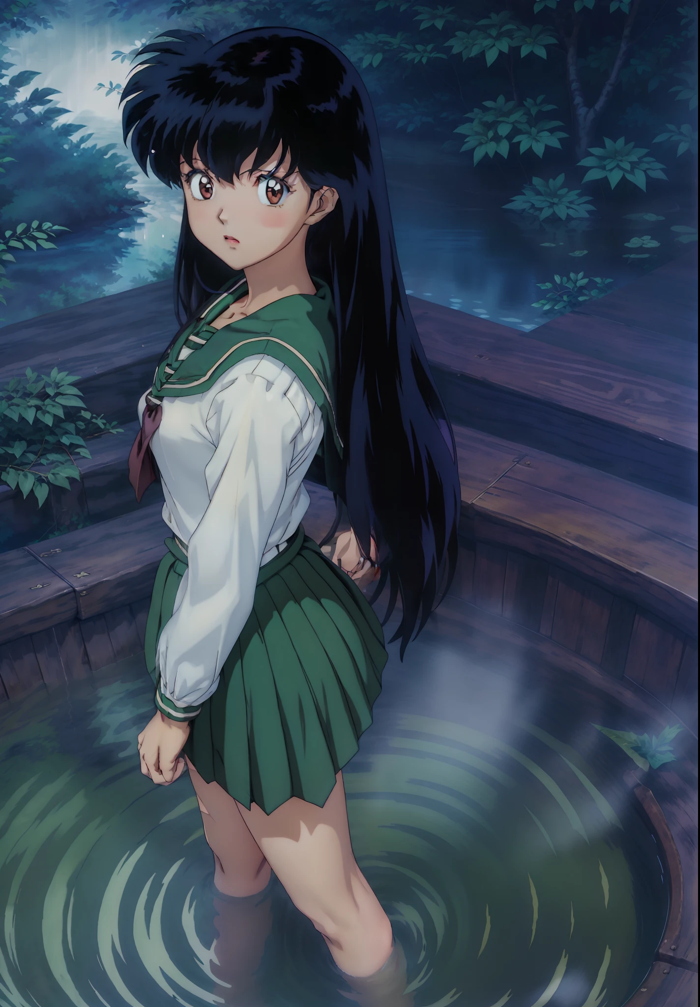 1girl, Kagome Higurashi, Brown eyes, Full body, Realistic Photos, (Anime:1.2), perfect eyes, perfect face, perfect illumination, outdoors, warm colors, Forest Lake, school uniforms, In water, night time,