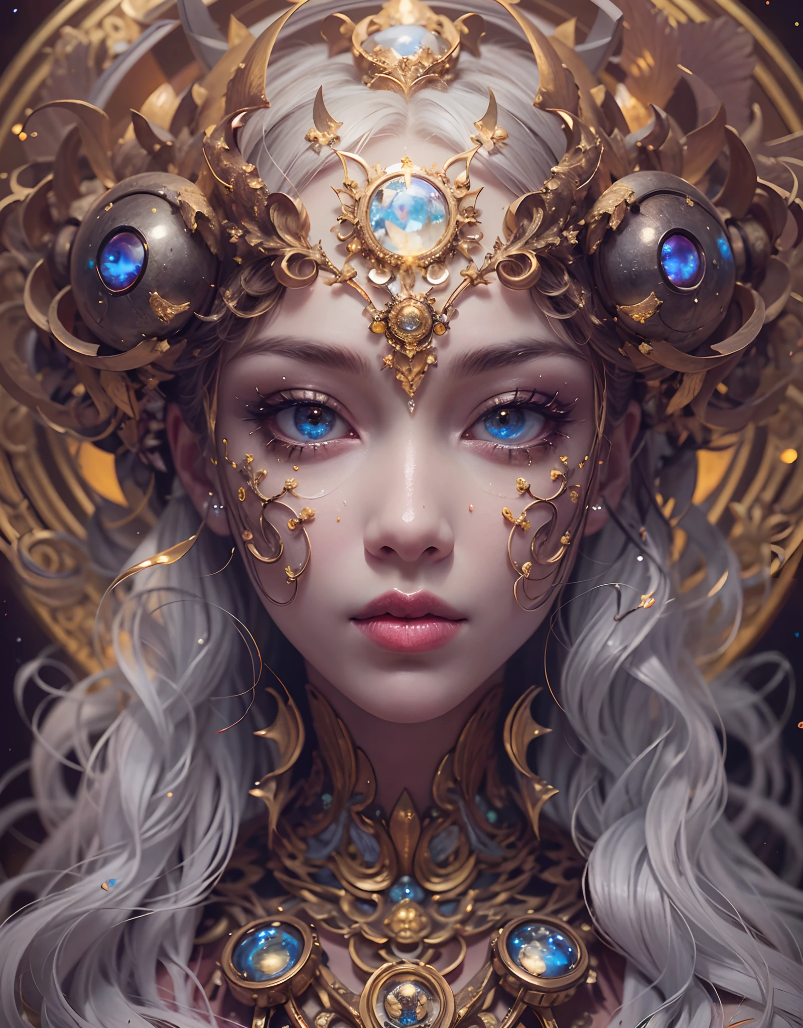 (best qualtiy,ultra - detailed,Most Best Illustration,Best shadow,tmasterpiece,A high resolution,professionalartwork,famousartwork),Photography composition masterpiece, Detailed eyes,beautidful eyes,closeup cleavage,sci-fy,colored sclera,Robot eyes,face markings,Tattooed with,(fractalized,Fractal eyes),(Eye focus),sface focus,Nebula eyes,Space eyes,Close-up of metal sculpture of a woman with a moon in her hair,goddes。extremly high detail,3 d goddess portrait,Extremely detailed footage of the goddess,a stunning portrait of a goddess,Side image of the goddess,portrait of a beautiful goddess,Full body close-up portrait of the goddess,hecate goddess,portrait of a norse moon goddess,goddess of space and time, asian skin, skin detail masterpiece, realistic skin, oil shiny masterpiece