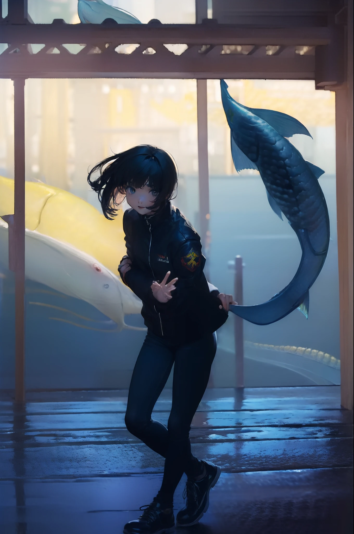 ((((Catching big fish:1.5)))),((Female 28 years old)),((Best Quality:1.5)),(((Hands with the correct number and structure of fingers:1.4))),((Lakeside:1.37)),hight resolution,ultra-detailliert,​masterpiece,best qualtiy,(Eight-headed body),Black hair, long eyeslashes, Solid Circle Eyes, drop shadow, Atmospheric perspective,Super Detail, ccurate, small brest,(Black jacket and black jeans :1.1),top-quality, blurry backround, bokeh dof:1.2, (​masterpiece:1.3),  Atmospheric perspective,Super Detail,dynamic compositions, Ultra High Quality,