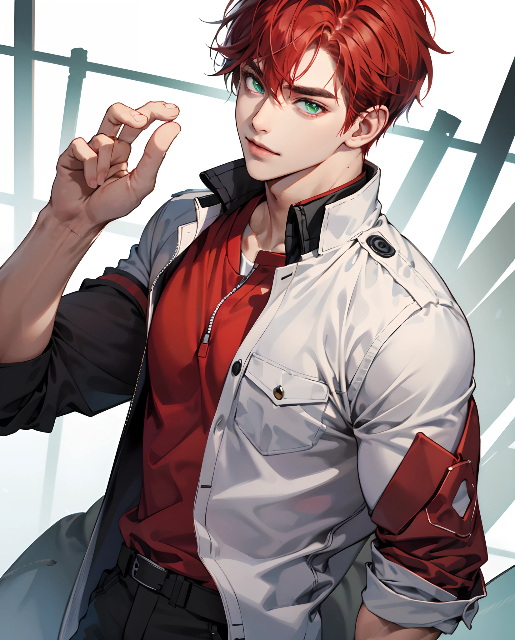 Beefy hot scientist male with medium red hair and light green eyes