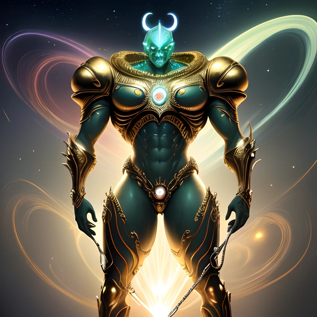 Terrifying alien space monster with gold and silver skin,holding a cane with red,verde,Diamantes naranjas y azules,futuristic,((masculino,cuerpo completo)),Arte de Boris Vallejo,h.r. Giger y hajime sorayama,((Arte ultrahiperrealista,elegante,Bellas Artes)),((hiperdetallado,obra maestra,32K,Ultra HD.)).