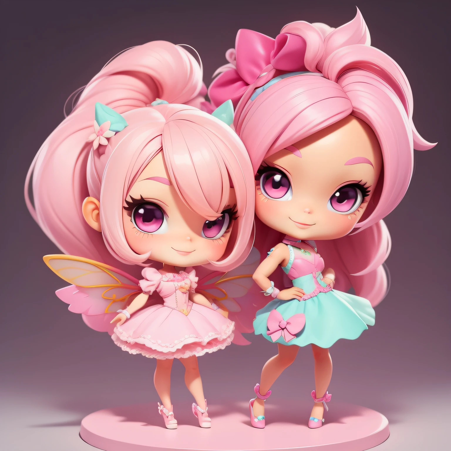 a cute chibi fairy, barbie clothing theme, pink hair, smile, full body, flat pumps,