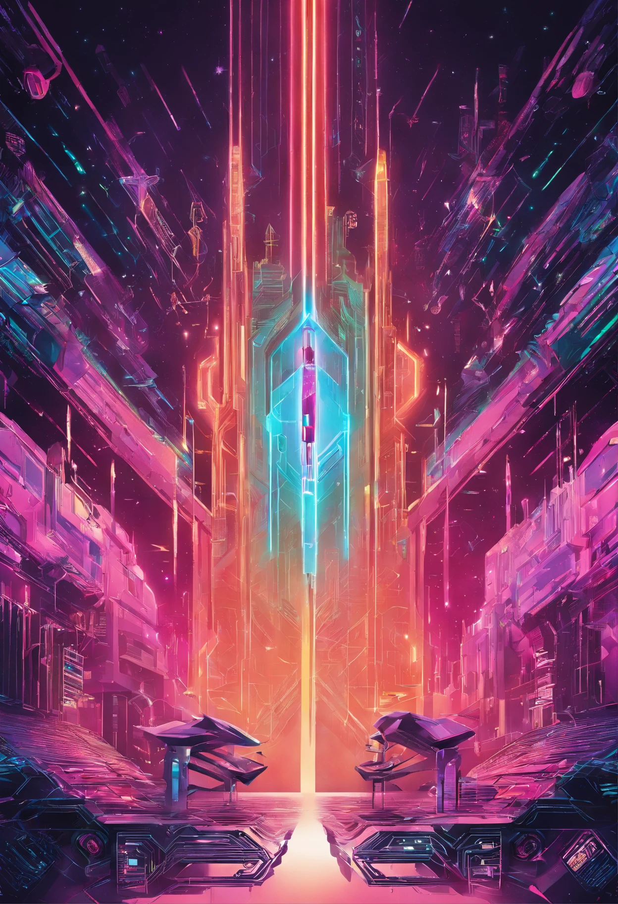 Develop a logo for my brand that depicts a magical MIDI keyboard with cyberpunk-style details and a connection to elements of magic and imagination. Place the logo drawing in the center of the image and set the image background to a single solid color,vetor, 2d illustration, fundo branco, muito colorido, gradiente colorido moderno, centralizado, Vista frontal, hiperdetalhado, designer de camiseta, Futuristic utopian, 8K resolution concept art, 8K resolution concept art, cidade do futuro, Porto espacial futurista, arte conceitual 8 k, Arte conceitual de Sci-Fi Hollywood
