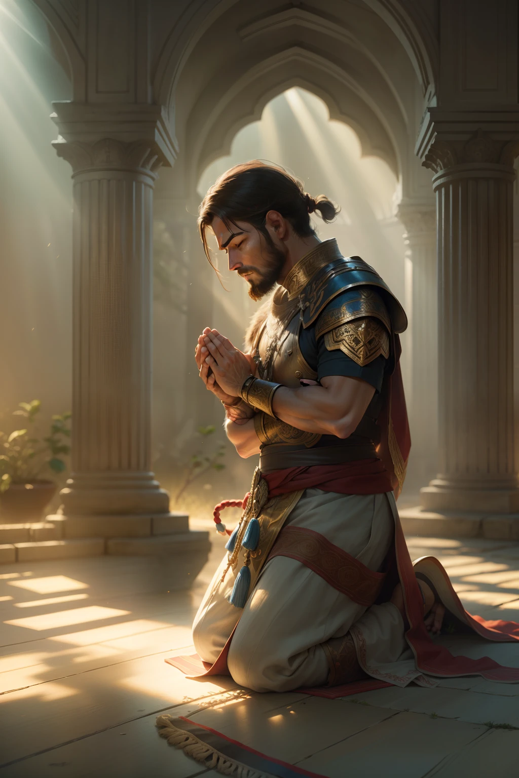 realistic picture of a simple warrior praying, in a calm and peaceful place and a ray of light shines on his face