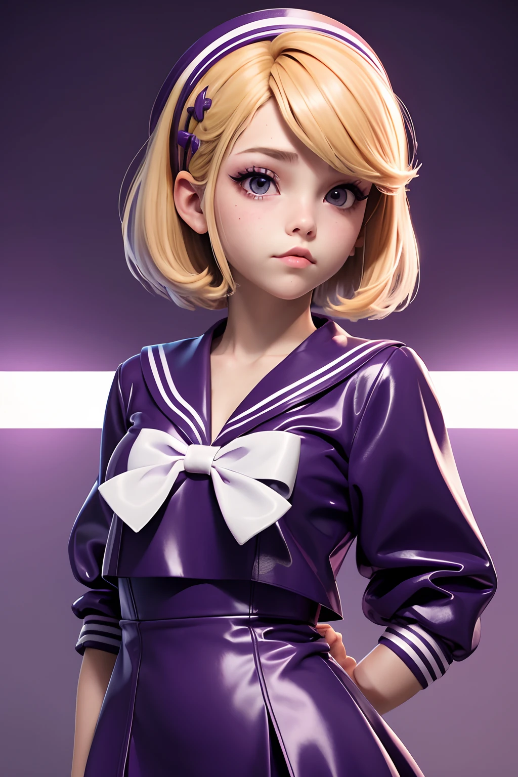 una adolescente rubia de pelo corto, con cintillo purpura con vestido sailor fuku totalmente morado de latex, vista de frente